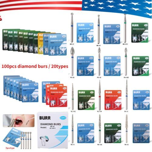 100Pcs Dental Diamond Burs for High Speed Handpiece Friction Grip 20 Types MX