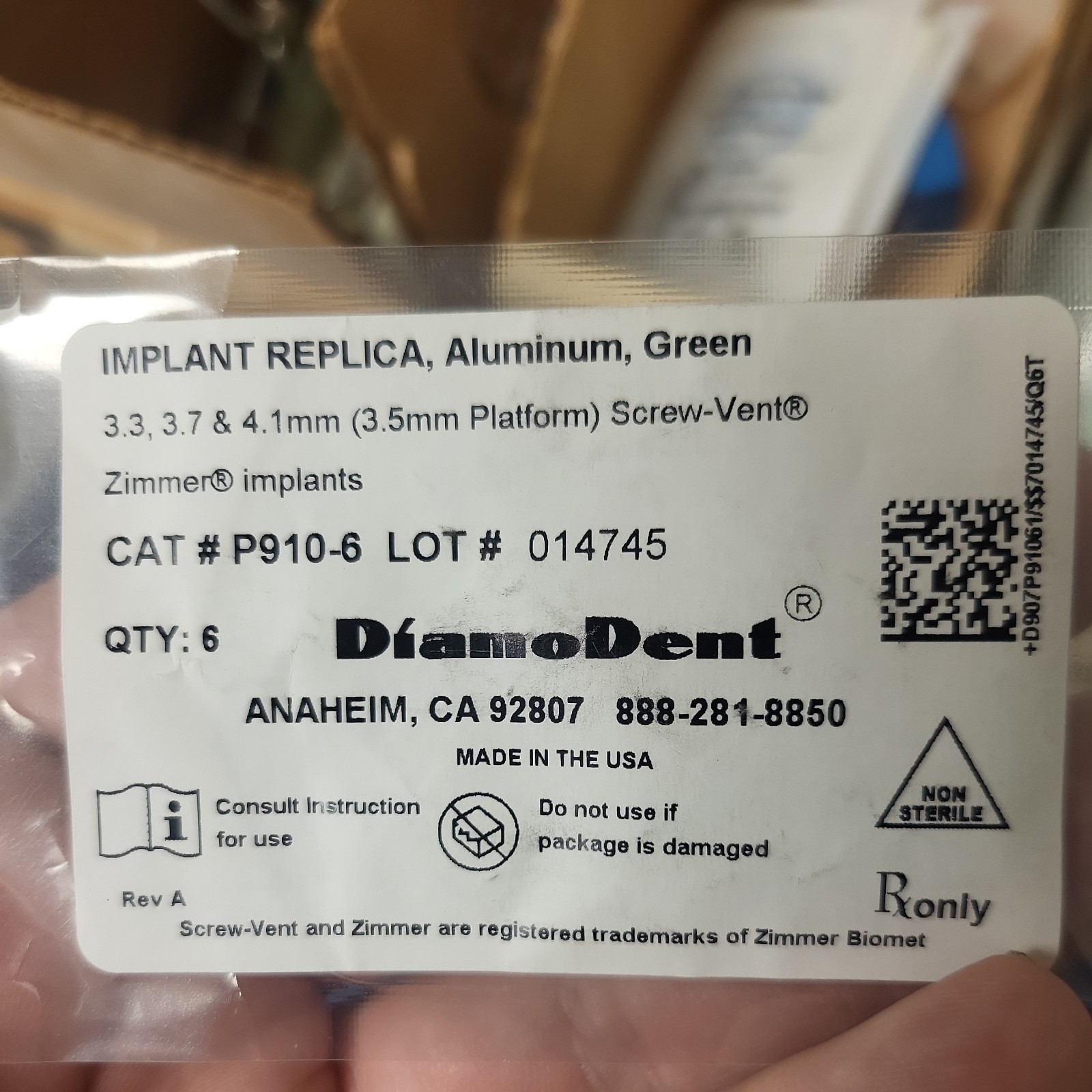 4 X Dental Lab Fixture Analog Zimmer Bi0met Int Hex Ø3.5 Green TSV Compatible
