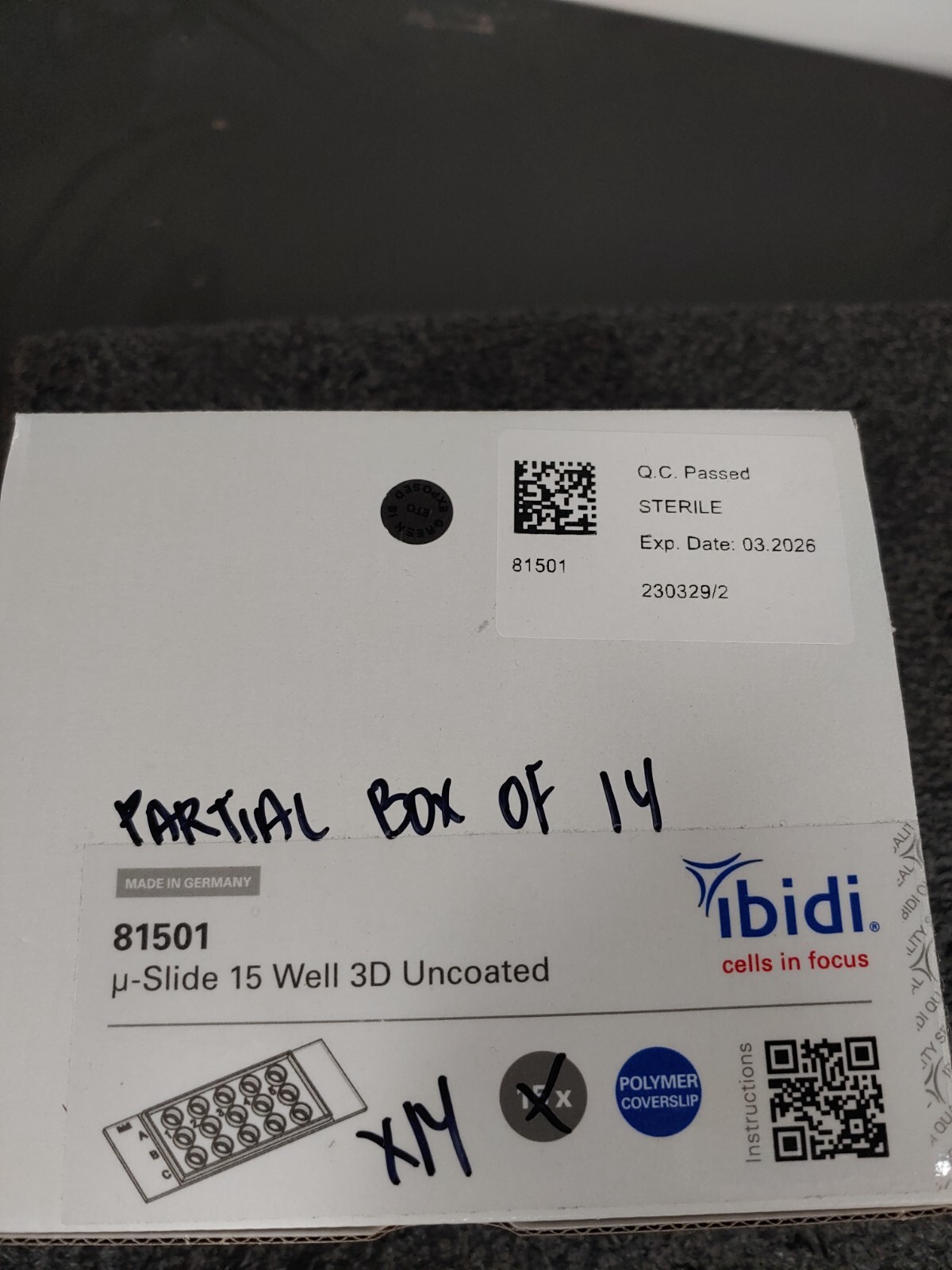 Partial Box of 14 IBIDI 81501 µ Slide 15 Well 3D Uncoated