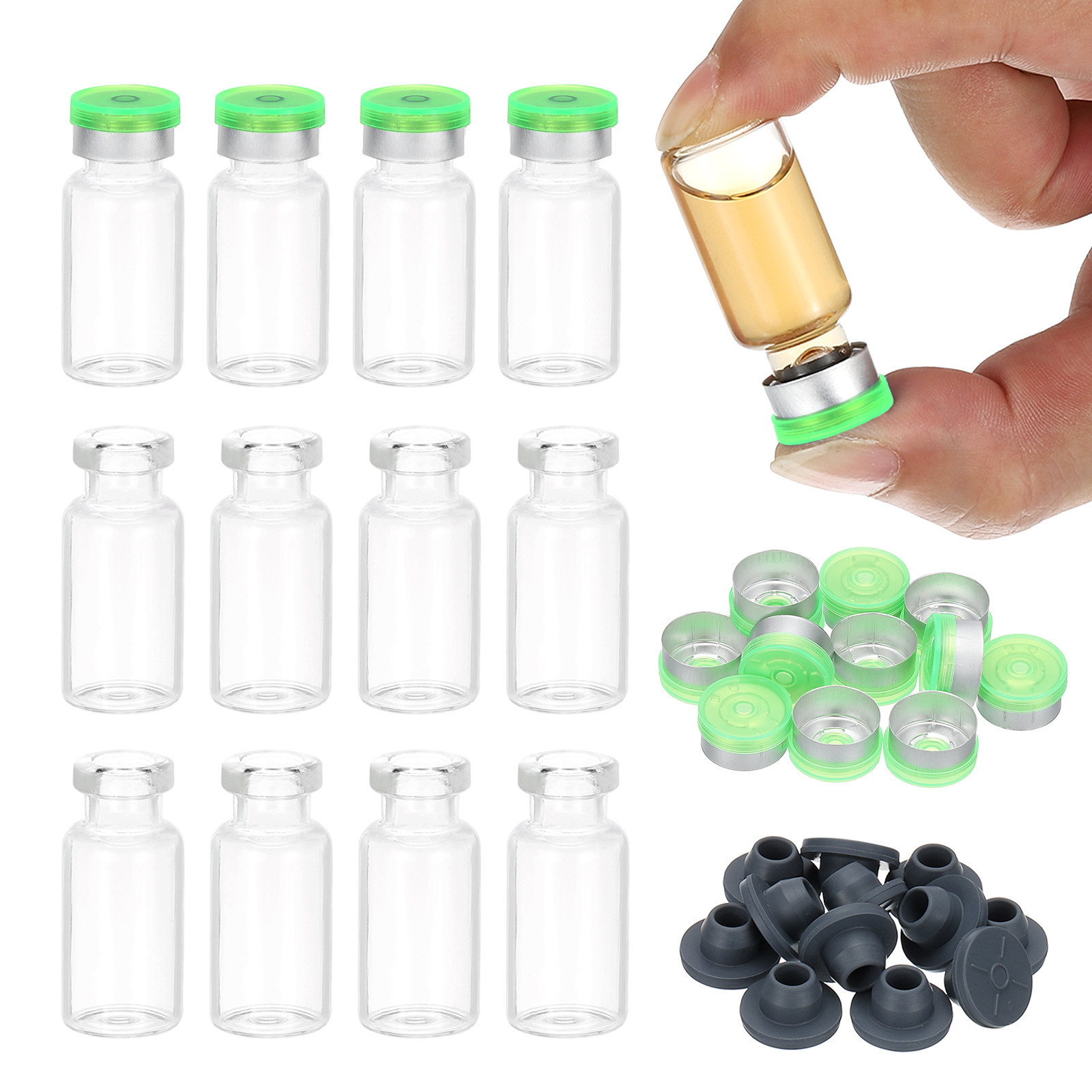 12pcs 3ml Small Clear Glass Vials with Green Silver Color