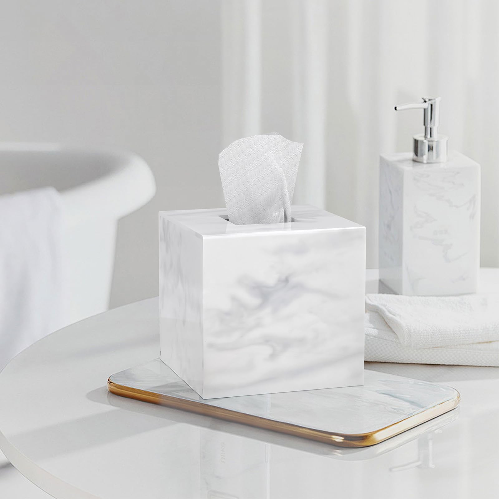 Pitbvo Tissue Cover Square Acrylic Cube Tissue Holder White Marble Facial
