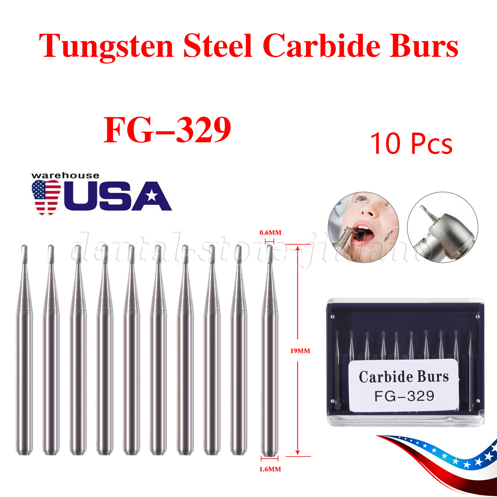 10 Pcs Dental Carbide Burs Pear-Shaped Type High Speed Tungsten Steel Bur FG329