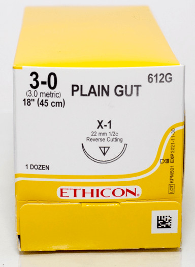 J&J 612G Plain Gut Absorbable Reverse Cutting Sutures X-1 3-0 18» 12/Bx