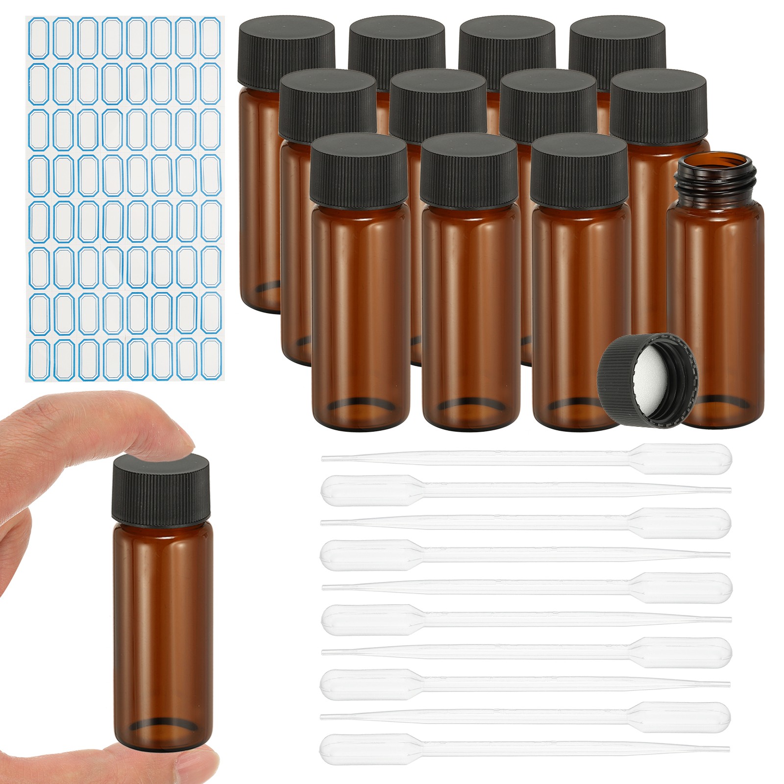 12 Pcs 30ml Leak-Proof Sample Vials with Label and Plastic Dropper(Clear Brown)