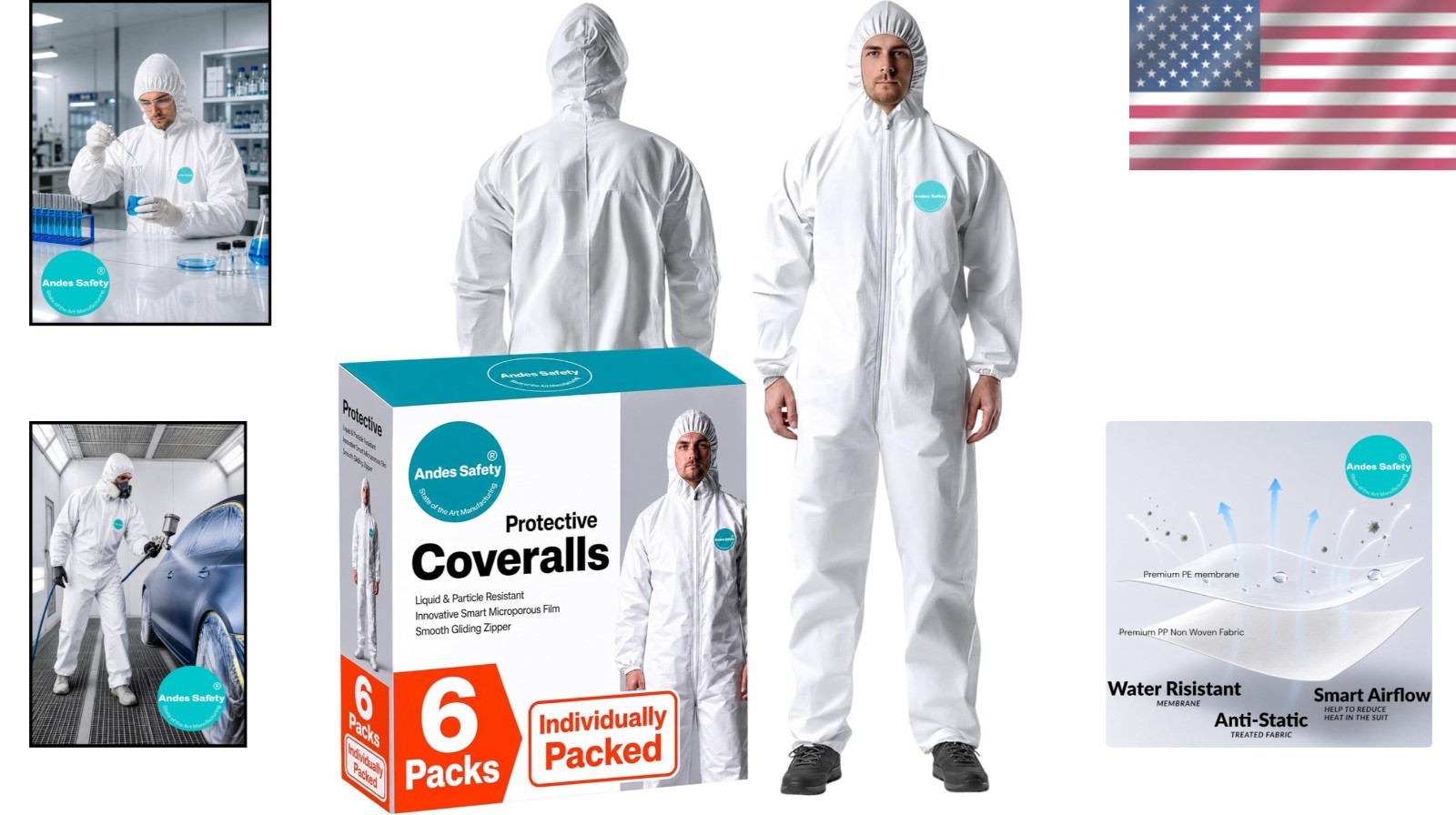 6 Individually-Wrapped Heavy Duty Disposable Coveralls with Integrated Hood