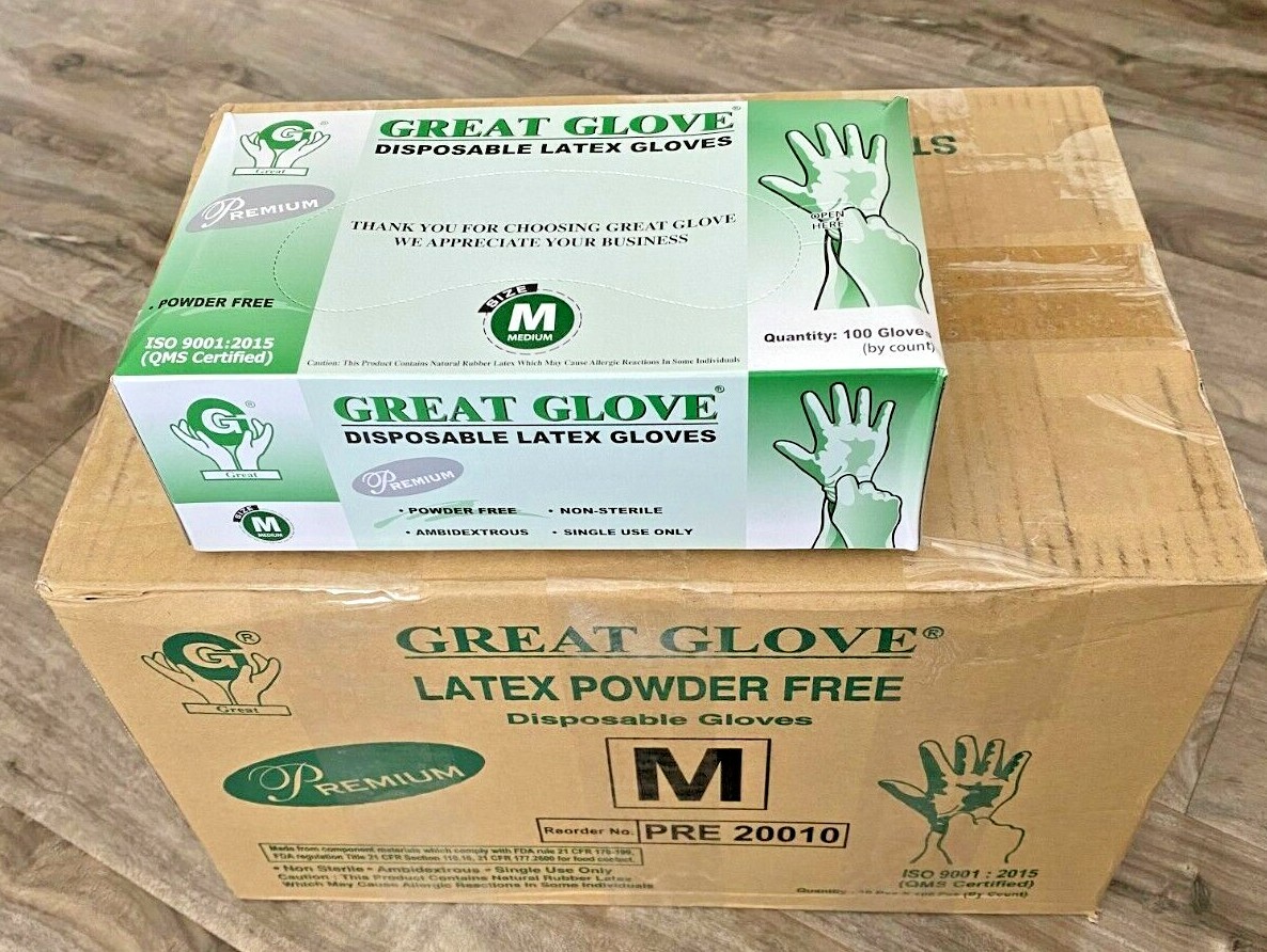 10 box MEDIUM~100 Pcs GREAT GLOVE 4.5mil Premium Latex Powder-Free Glove