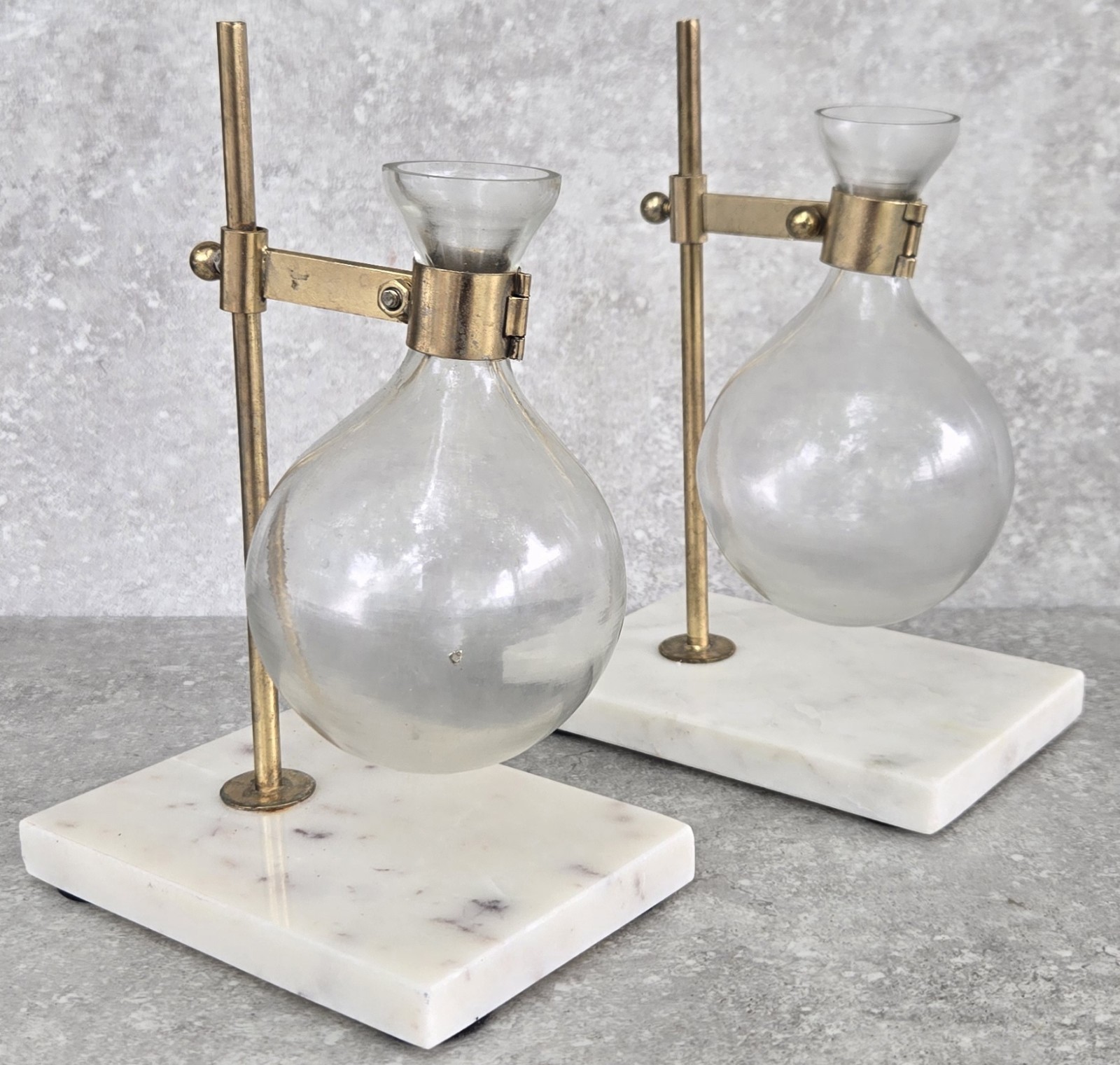 Vtg Marble Brass Pharmaceutical Drug Rep Chemist Lab Beaker Bookend Vase Pair