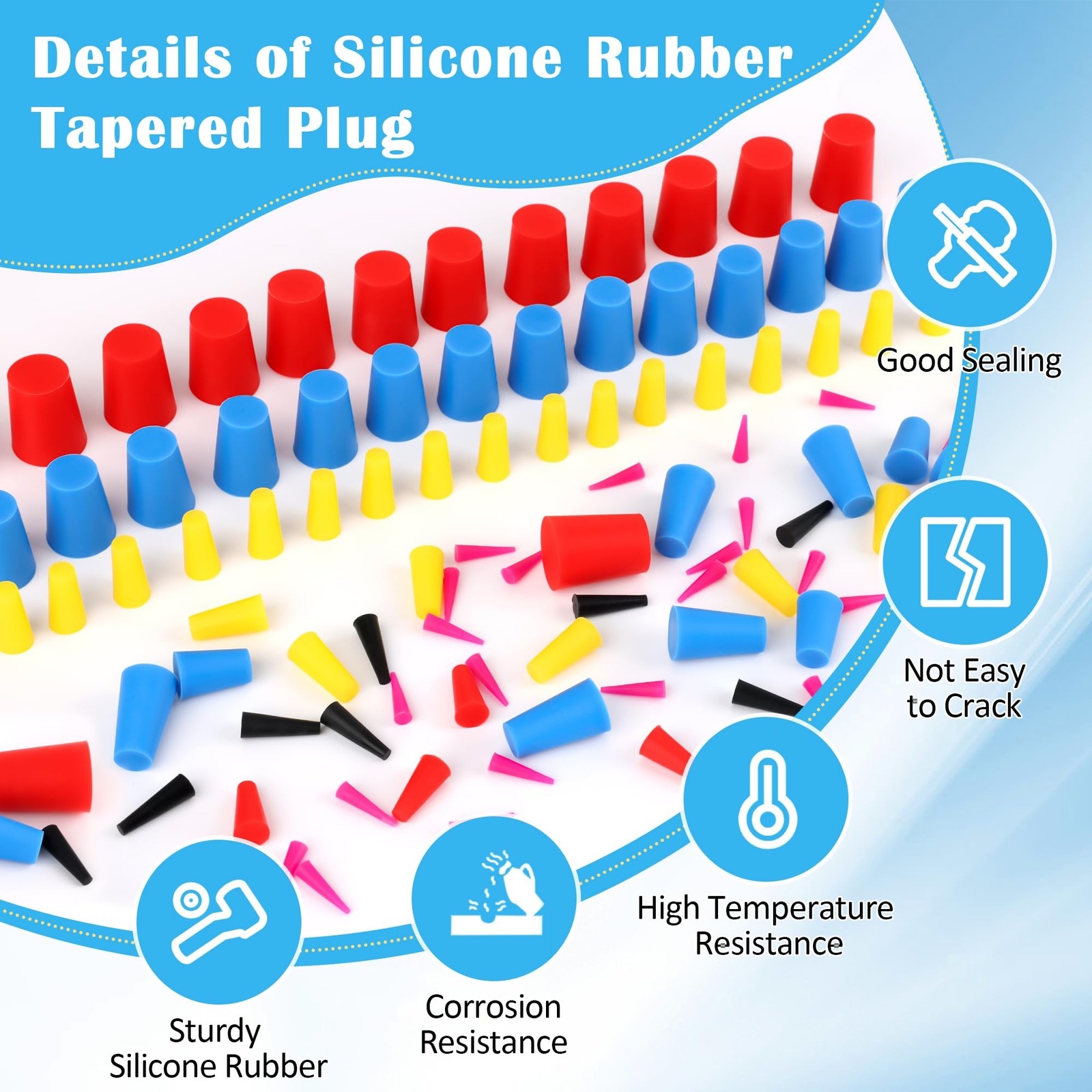 360 PCS Silicone Rubber Tapered Plug Set 8 Size 1/16 to 5/8 Inch Hole