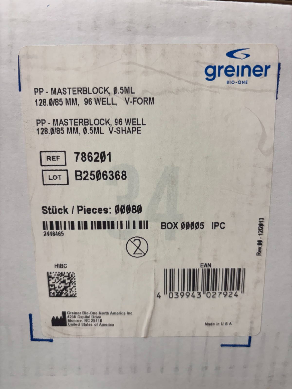 Greiner Bio-One 786201 MASTERBLOCK 96-Well Deep Well Plates (0.5mL)