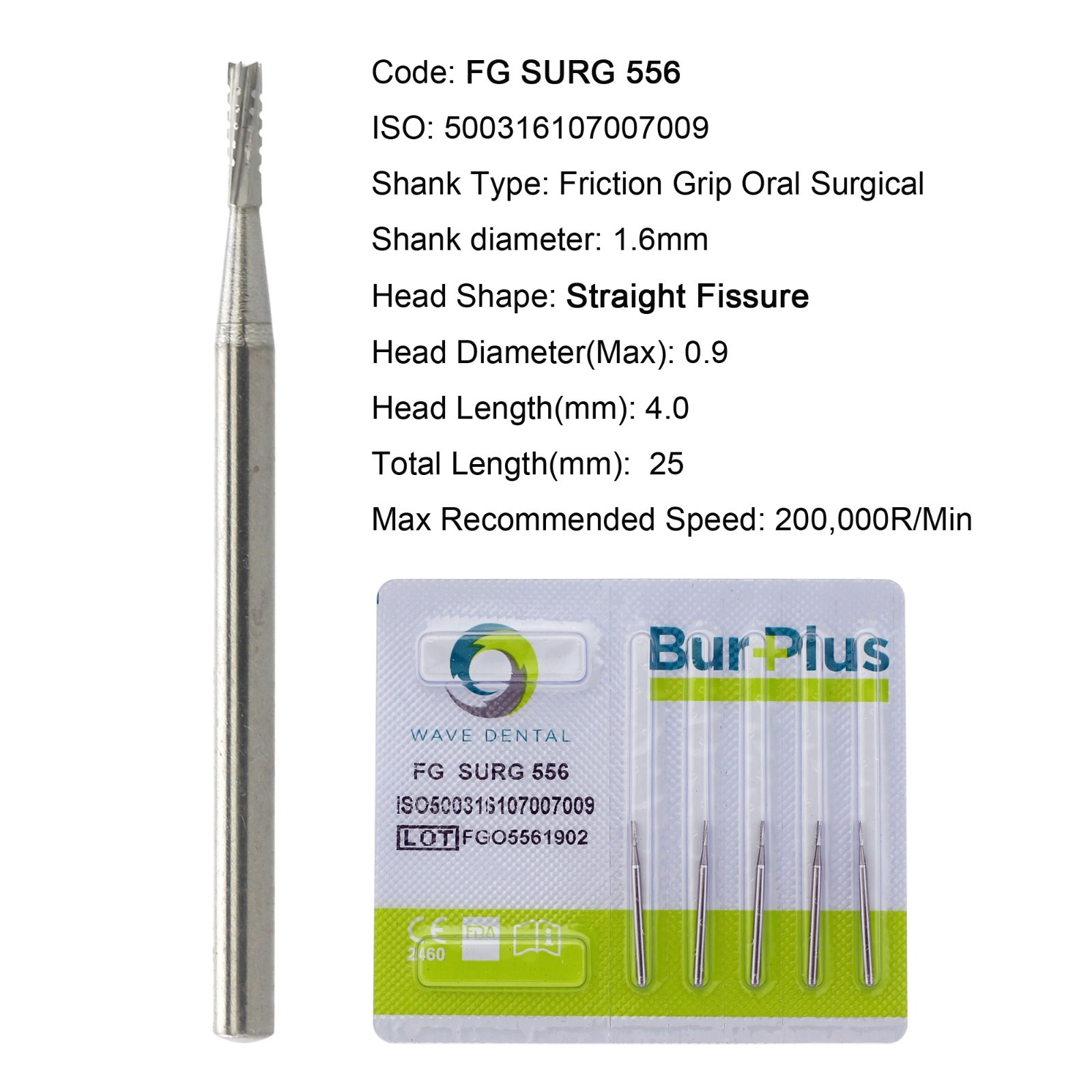 Wave Dental Carbide Surgical Burs FG SURG 556 25mm for High Speed Friction Grip