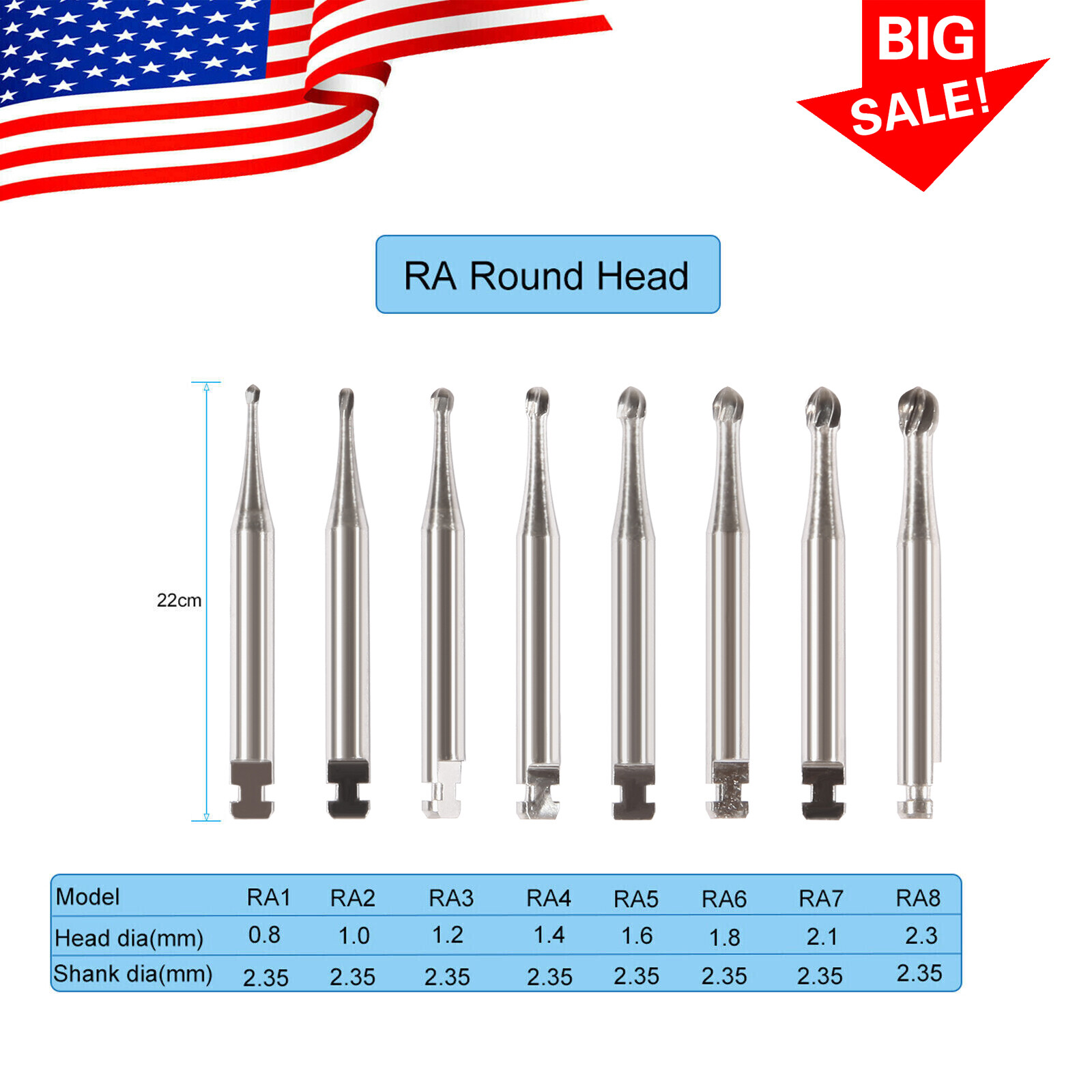 Dental Round Carbide Bur for Slow Speed Latch Type Handpiece RA 1# – 8# Burs 5pc