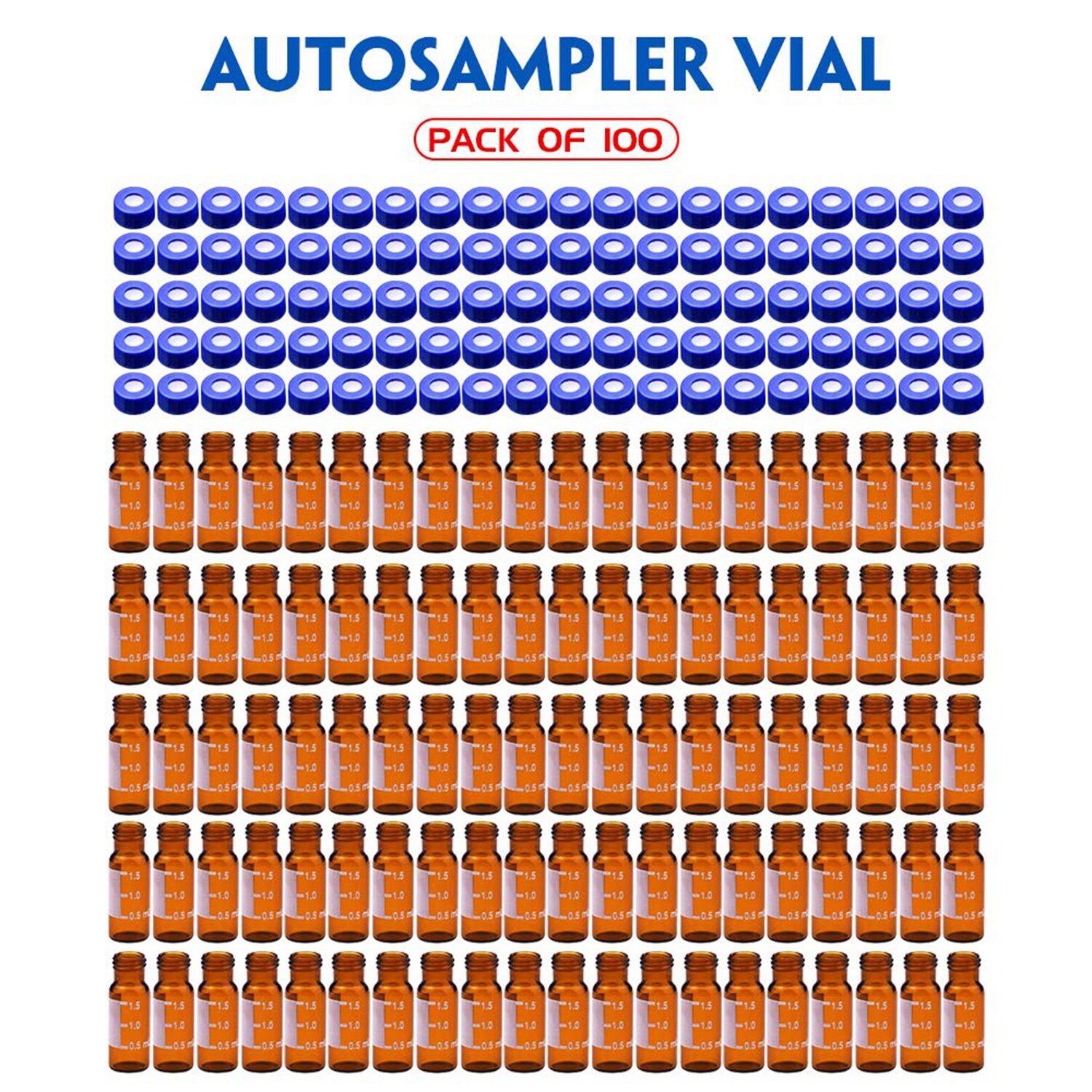 100 X 2ml Amber Glass Lab Vials with Caps 9-425 Thread Top, Fit HPLC Autosampler