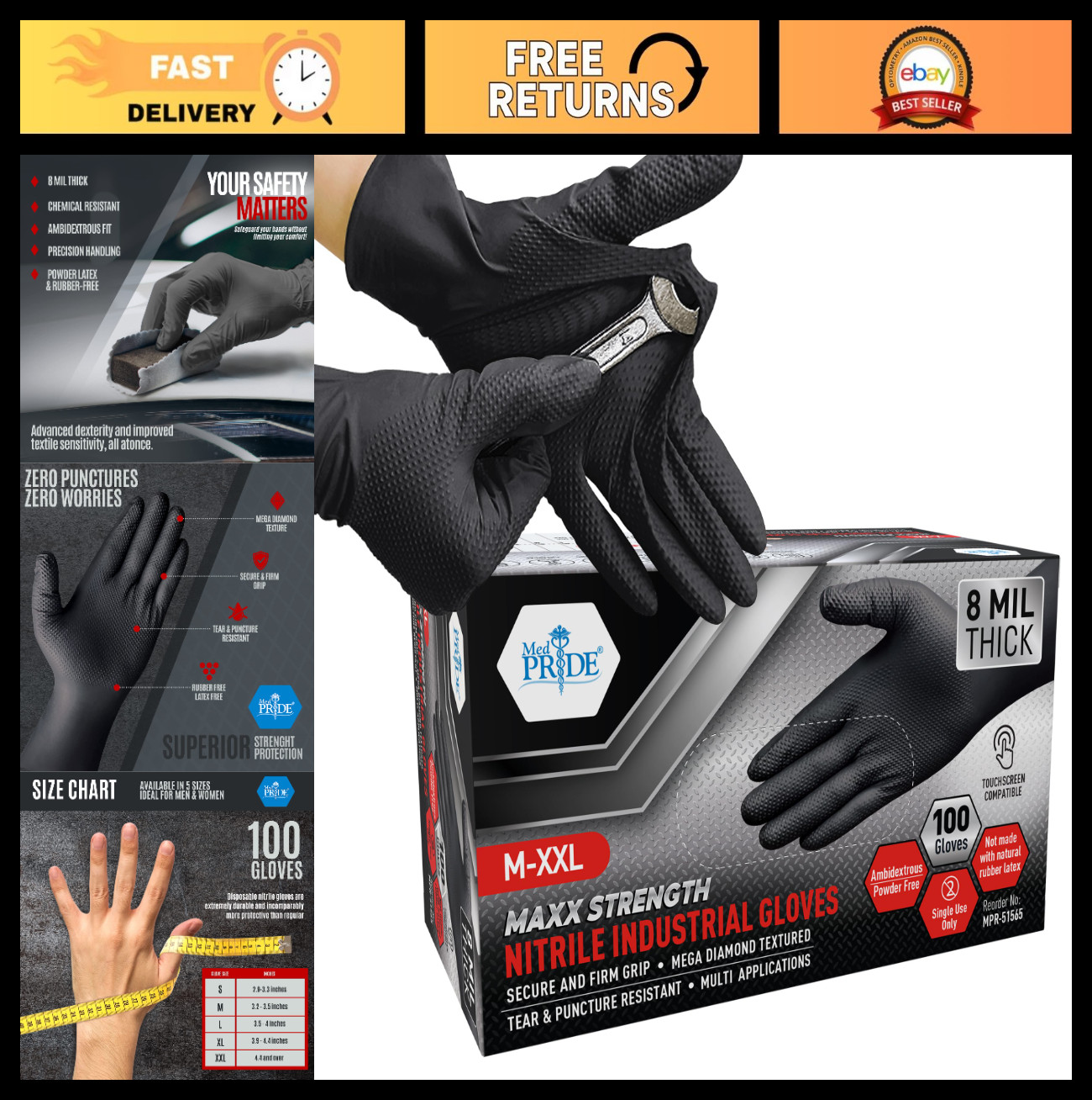Heavy-Duty Black Nitrile Gloves – 8 Mil Thick, Tear-Resistant, Diamond Texture