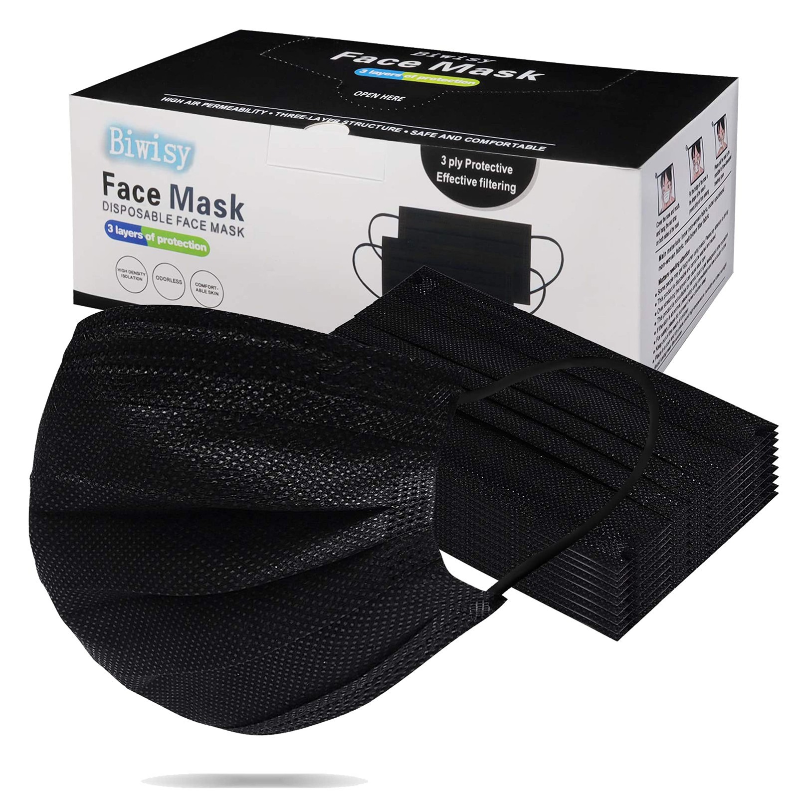 50pcs 3-Ply Disposable Breathable Black Masks of 50 PCS Black