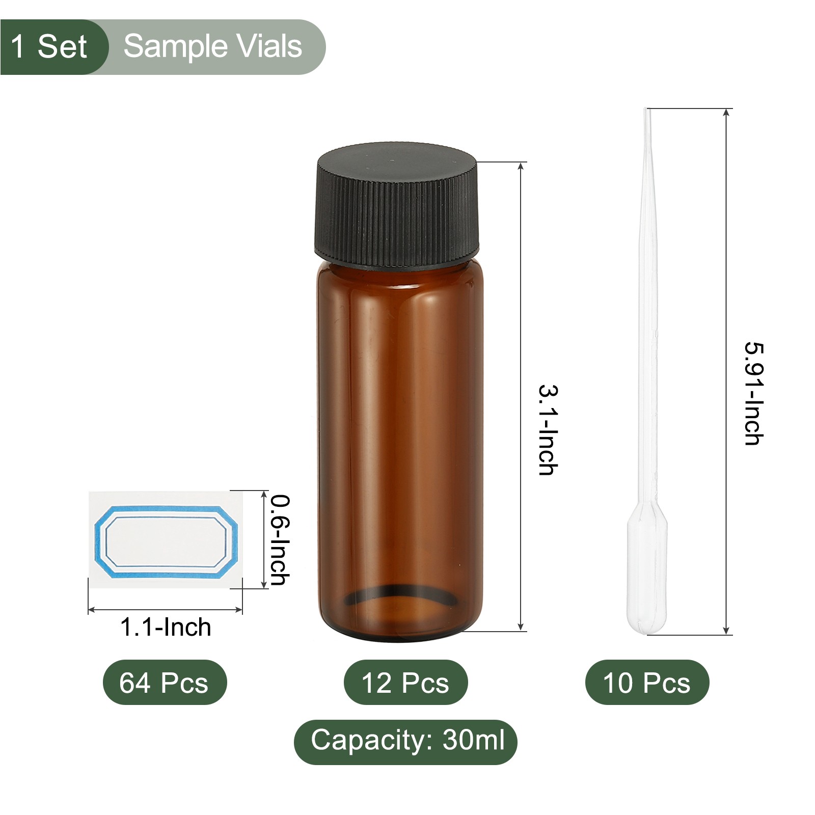 12 Pcs 30ml Leak-Proof Sample Vials with Label and Plastic Dropper(Clear Brown)