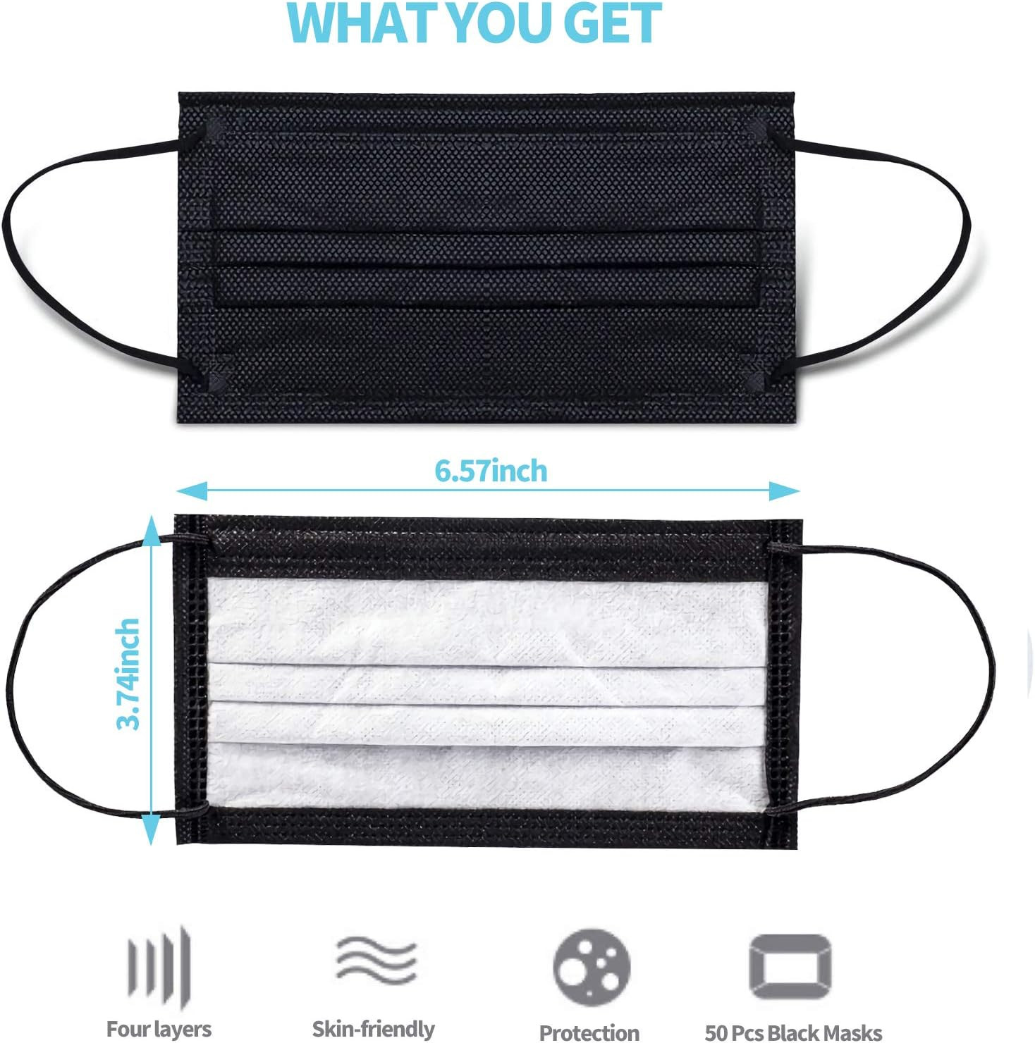 Black Disposable Face Masks 4 Layers Protection 50Pcs, Breathable Dust Mask Mout