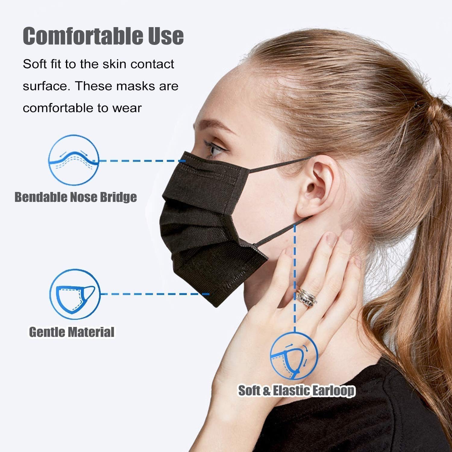 500pcs Disposable Black Face Masks, 3-Ply Earloop Masks for Adults & Kids
