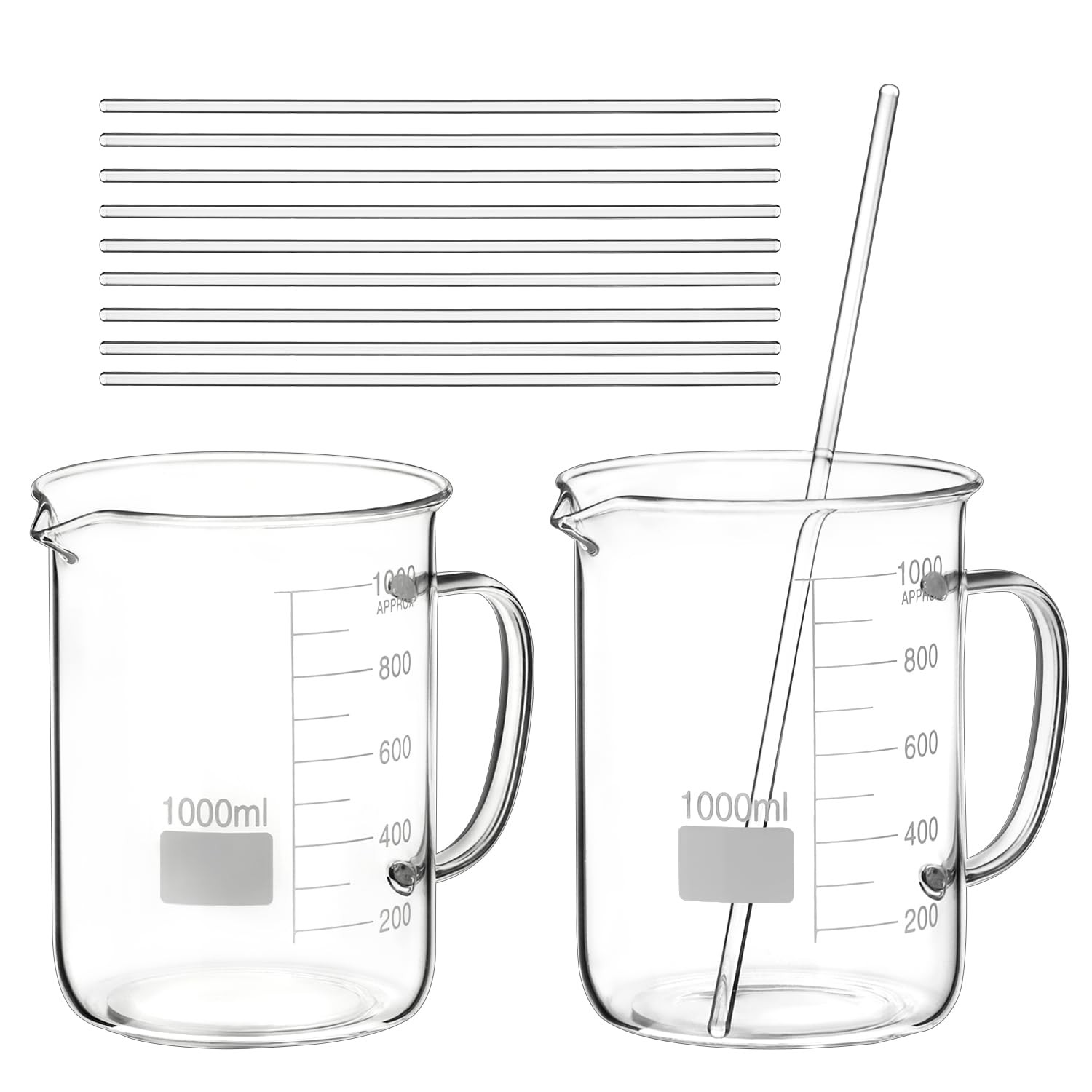QWORK 2 Pack 1000ml Borosilicate Glass Beaker with Handle, & 10 Pcs 12″ Science