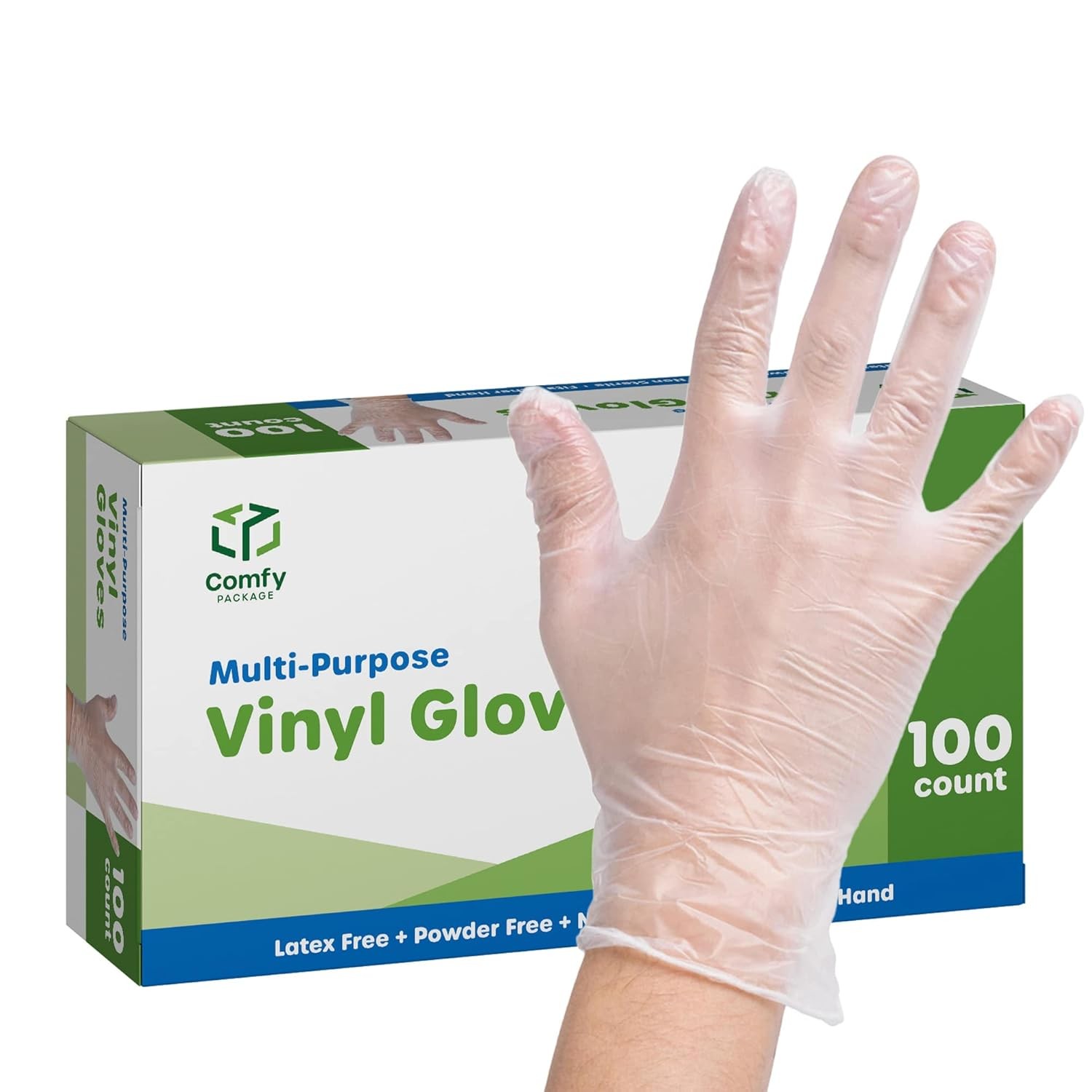 Comfy Package Disposable Vinyl Gloves [100 Count] – Clear, Latex-Free