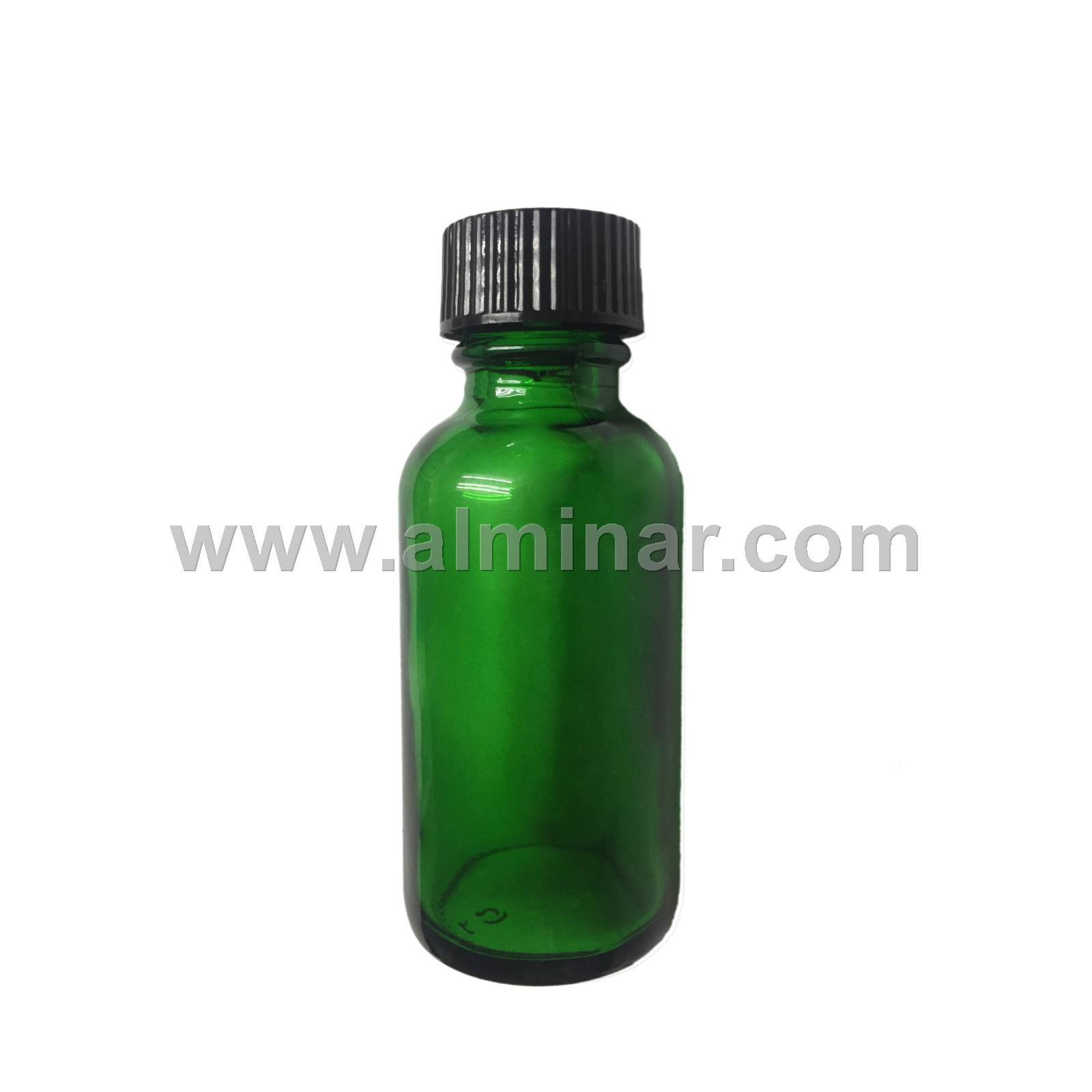 Boston Round 1 oz Green Glass Bottles With Poly Cone Lined Black Caps