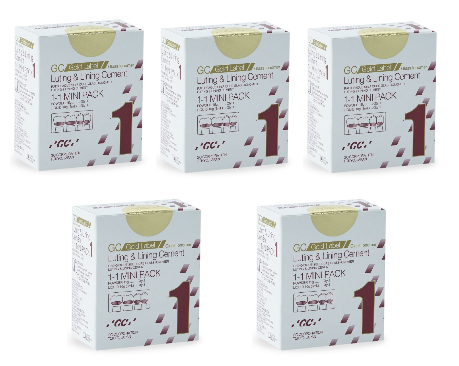 5 X GC Gold Label 1 Glass Ionomer Mini Luting & Lining Cement glue 15g and 10gm