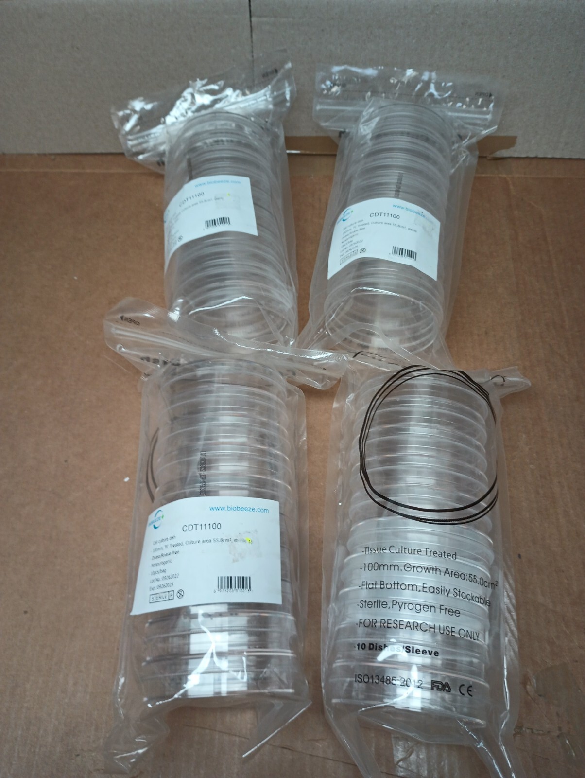 LOT OF 4 BIOBREEZE 10 PCS BAGS 100mm CELL CULTURE DISH STERILE CDT11100 NEW