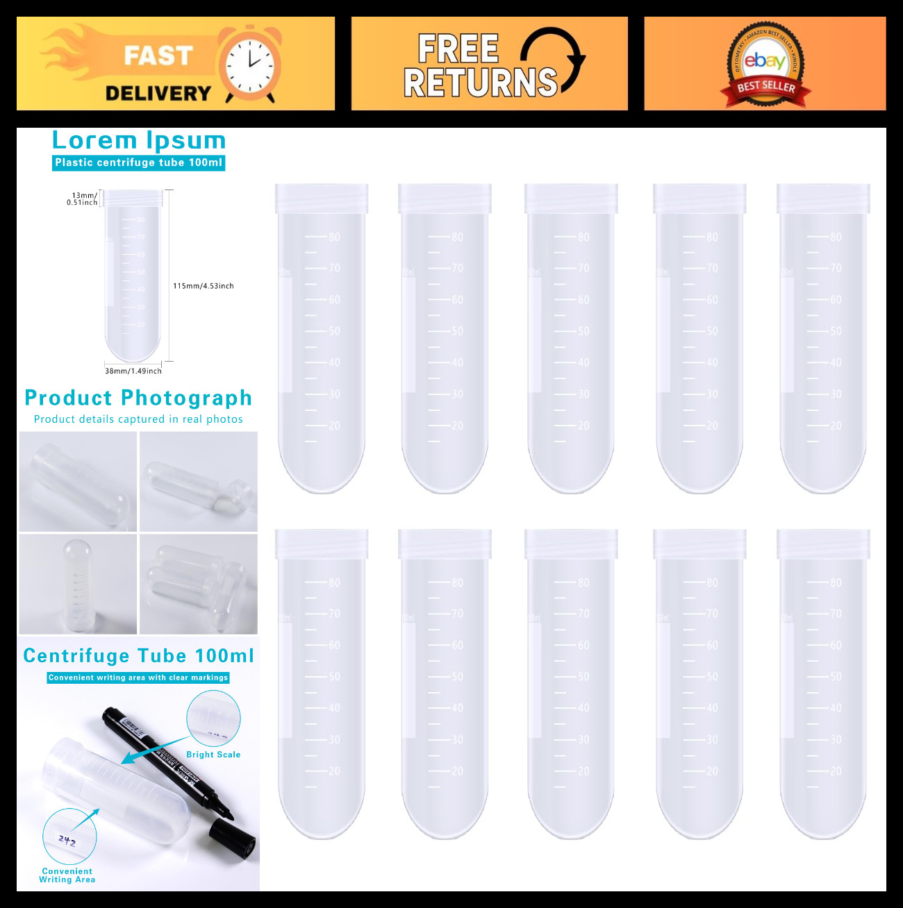 100ml Conical Centrifuge Test Tubes with Caps – Round Bottom, Graduated, 10pcs