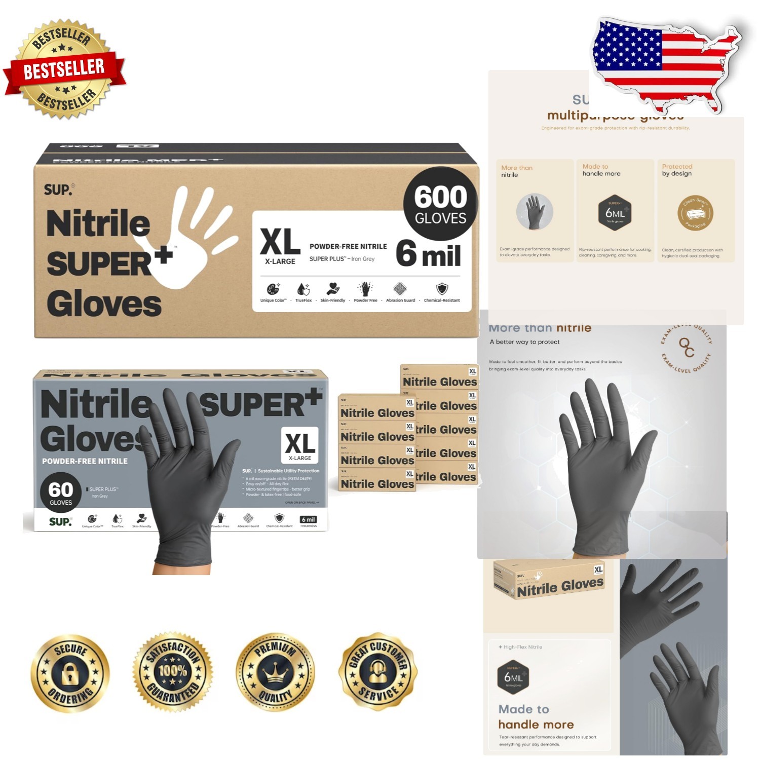 Heavy Duty Nitrile Gloves XL Black 6 Mil Chemical Resistant Food Safe 600 Ct