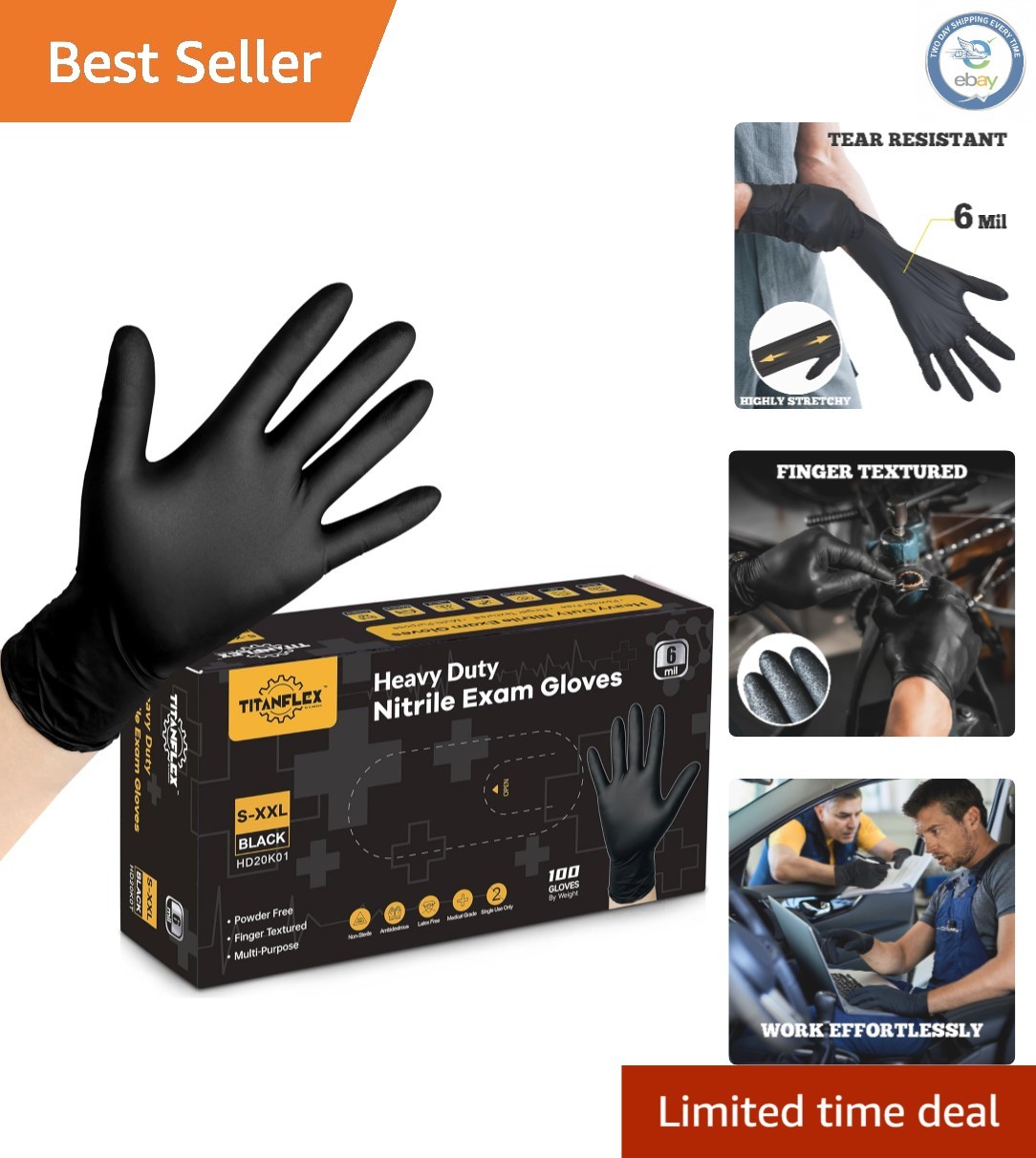 Heavy-Duty Black Nitrile Exam Gloves 6-mil, Food Safe, Latex Free, 100 Count