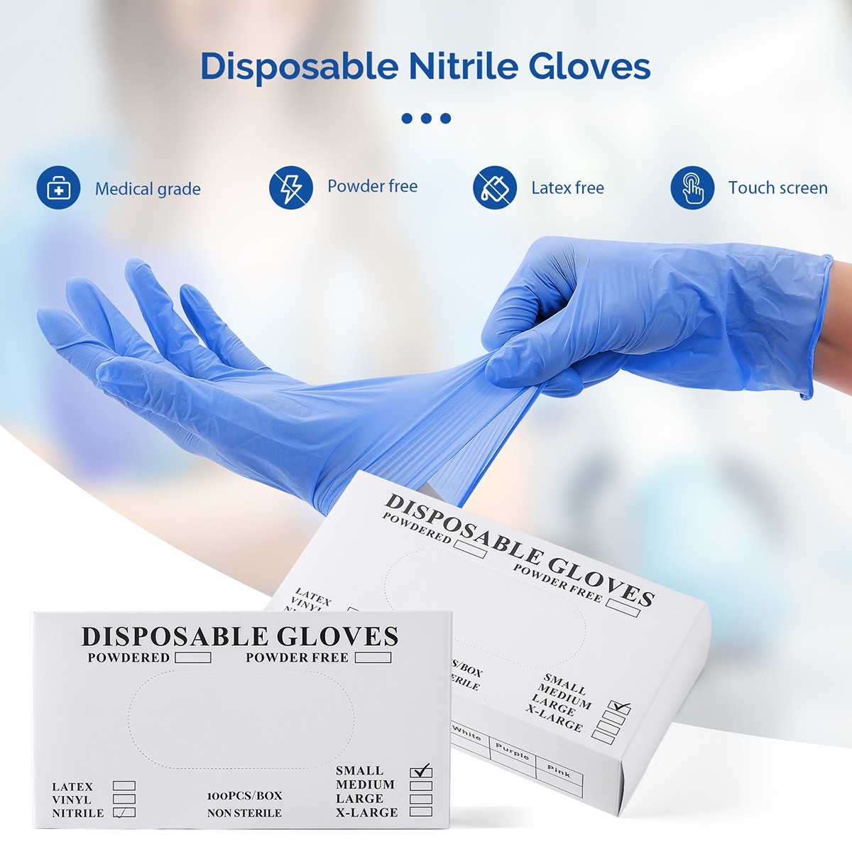 Medical Nitrile Exam Gloves Blue Powder-Free Food-Safe Disposable Glove S/M/L/XL