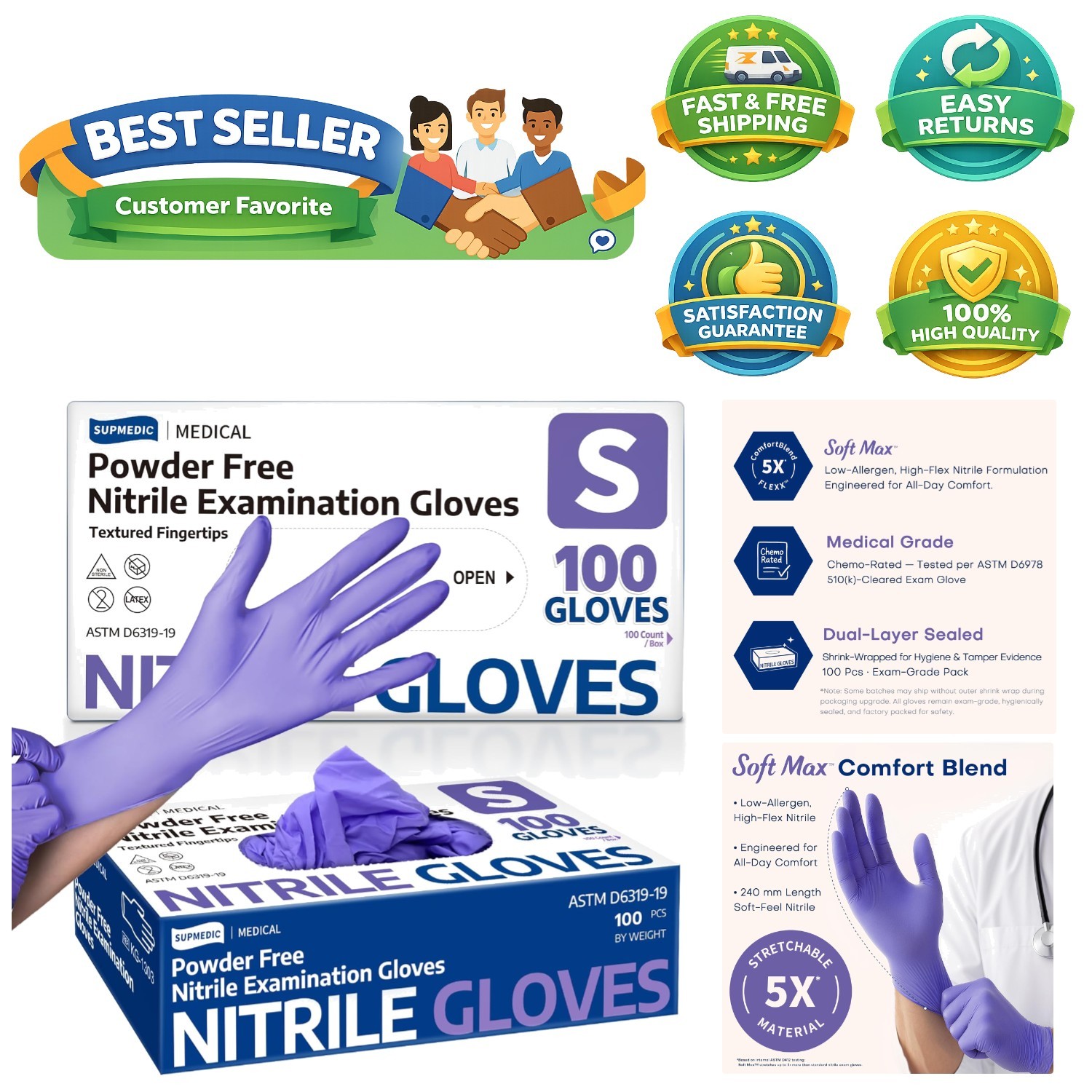 Ambidextrous Nitrile Gloves 100 Ct – Waterproof, Tear Resistant & Allergy Safe