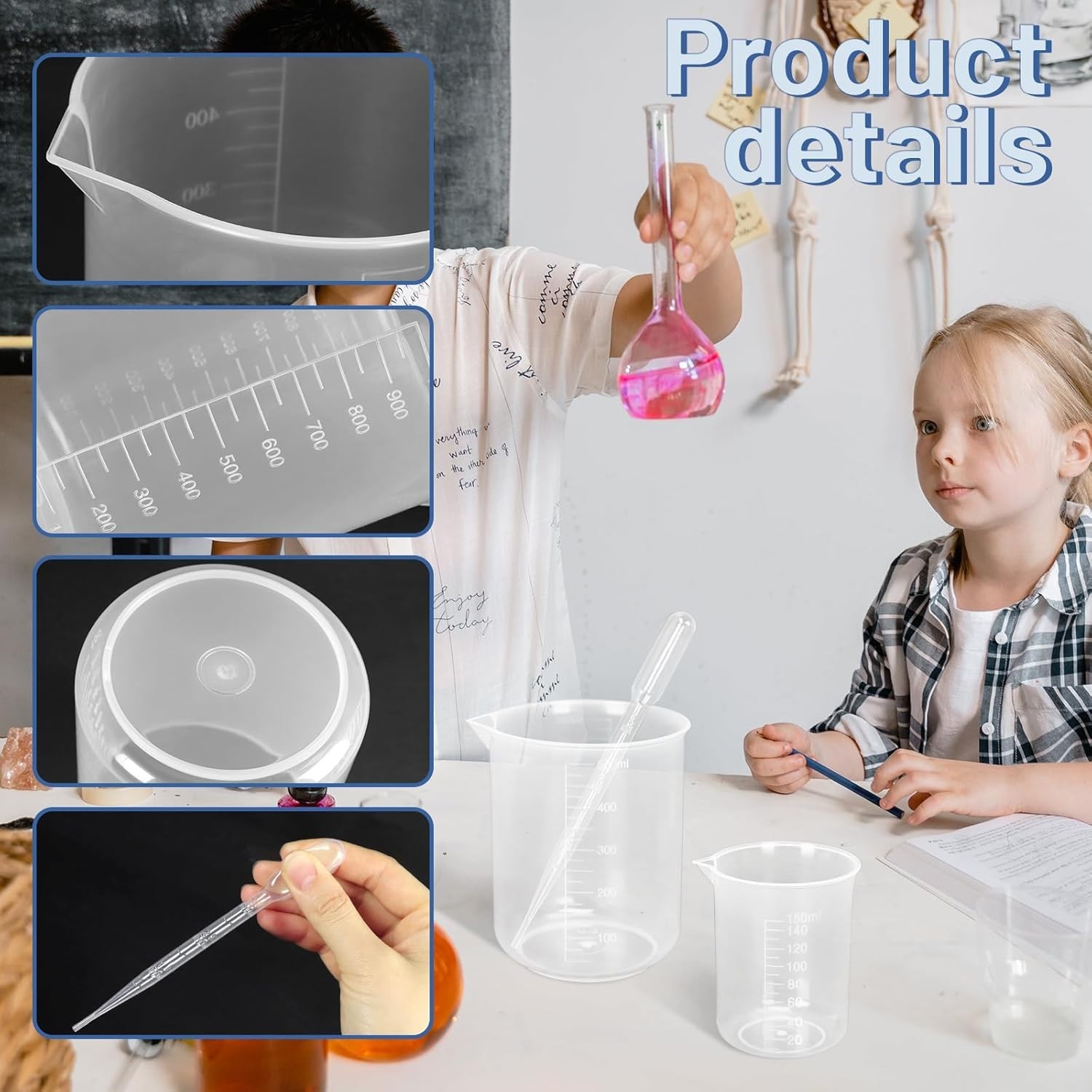 Durable 7 Sizes Clear Beaker Set: 30ml-1000ml with 20 Plastic Droppers Added