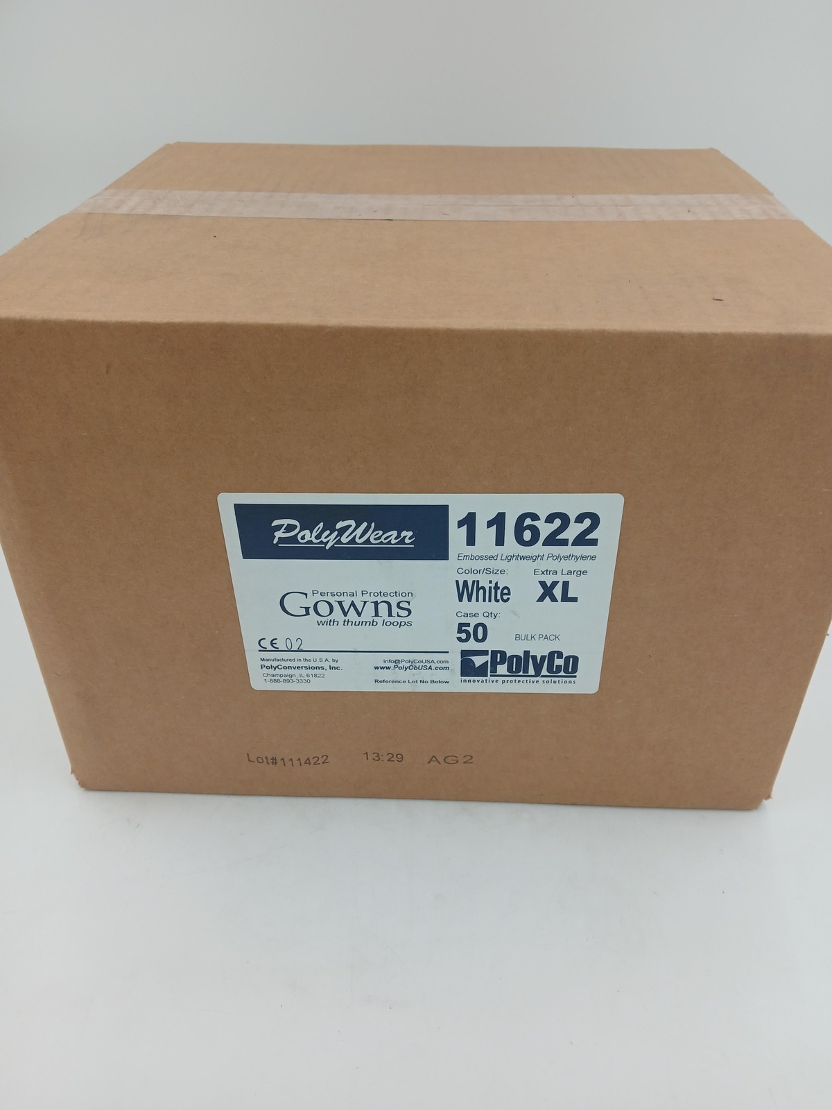 PolyWear 11622 Disposable Gowns White XL Thumb Loop Polyethylene Case 50
