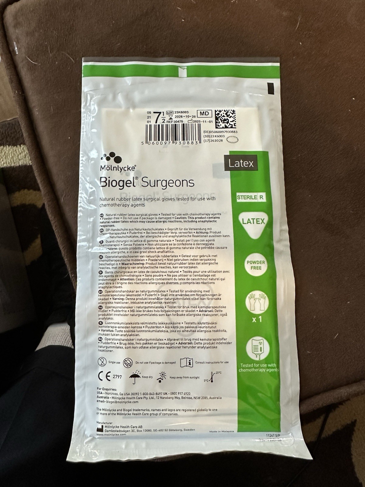 Molnlyck Biogel Surgeons Latex Powder-Free Surg Gloves exp 10-28-26 Size 7 1/2
