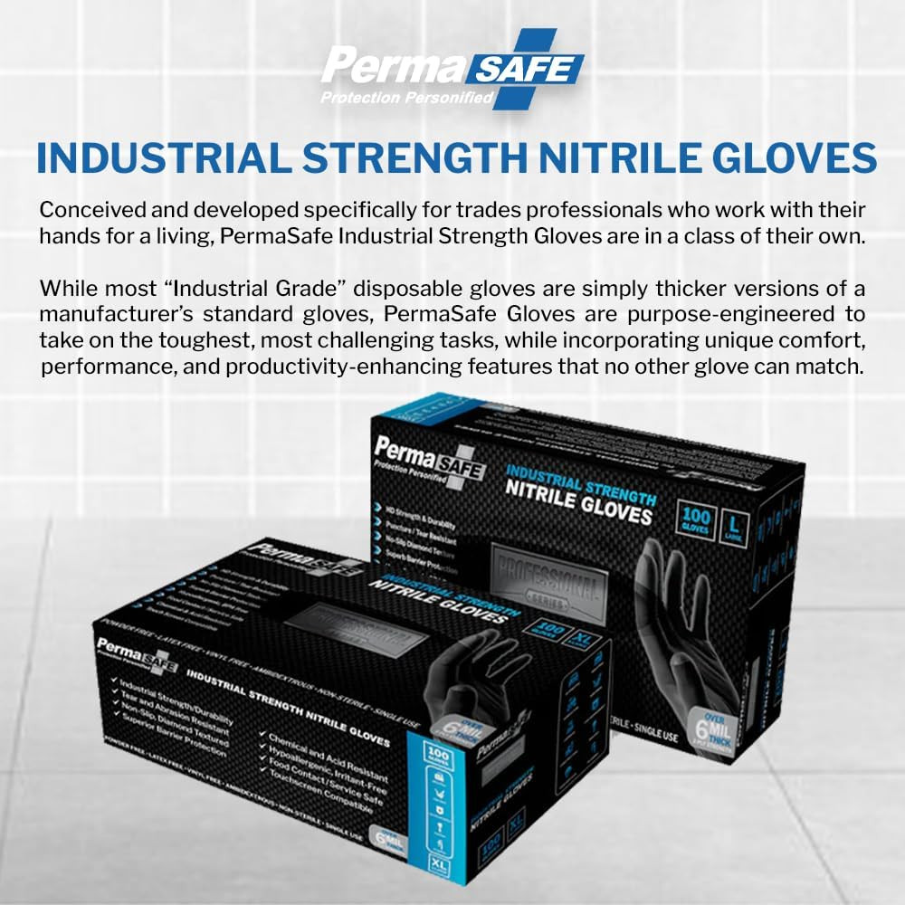 Permasafe HD Black Disposable Nitrile Industrial Gloves, 6+ Mil, Latex-Free, Rai