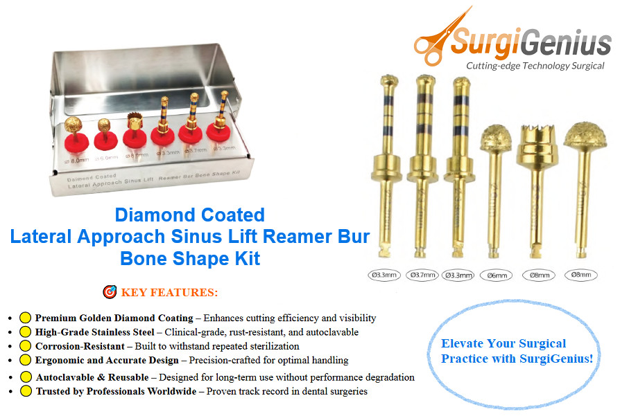 Implant Diamond Coated Golden Lateral Sinus Lift Reamer Bur Kit Premium Quality