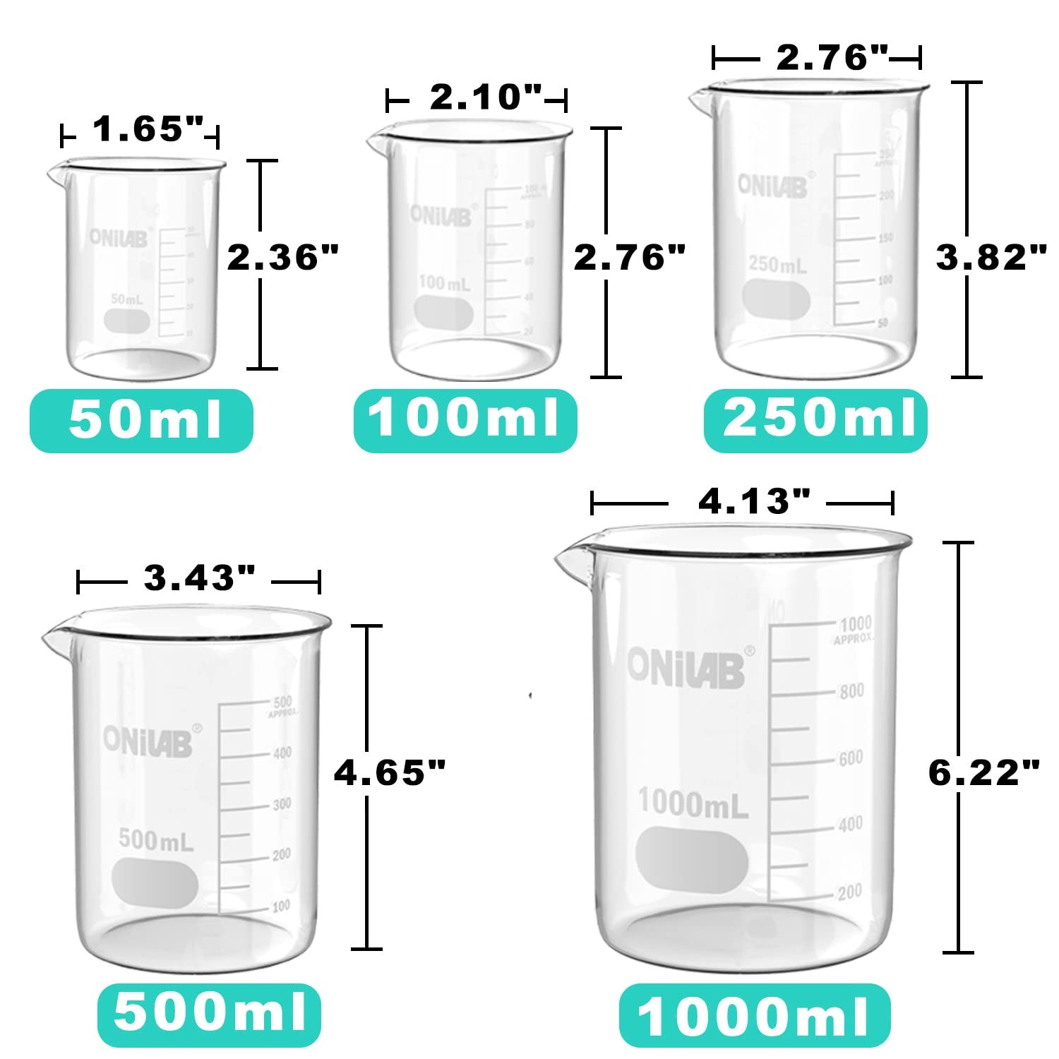 ONiLAB Glass Measuring Beaker Set 50ml 100ml 250ml 500ml 1000ml(Pack of 5) 3.3 B