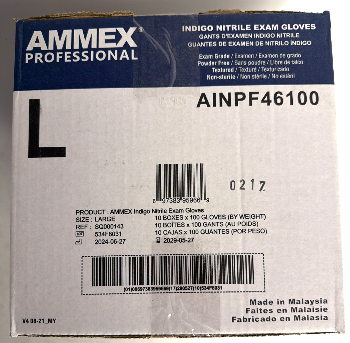 [NEW] (AINPF46100) AMMEX Professional Indigo Nitrile Exam Gloves, Powder-Free, L