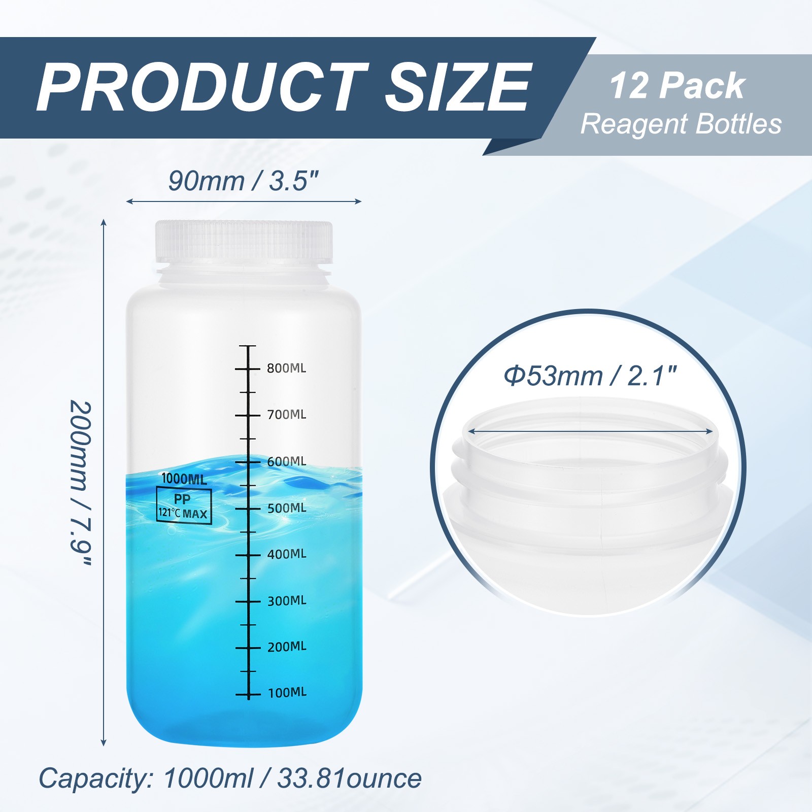 12Pcs Plastic Sample Bottles with Screw Cap, 34 oz 1000ml Reagent Bottles, Clear