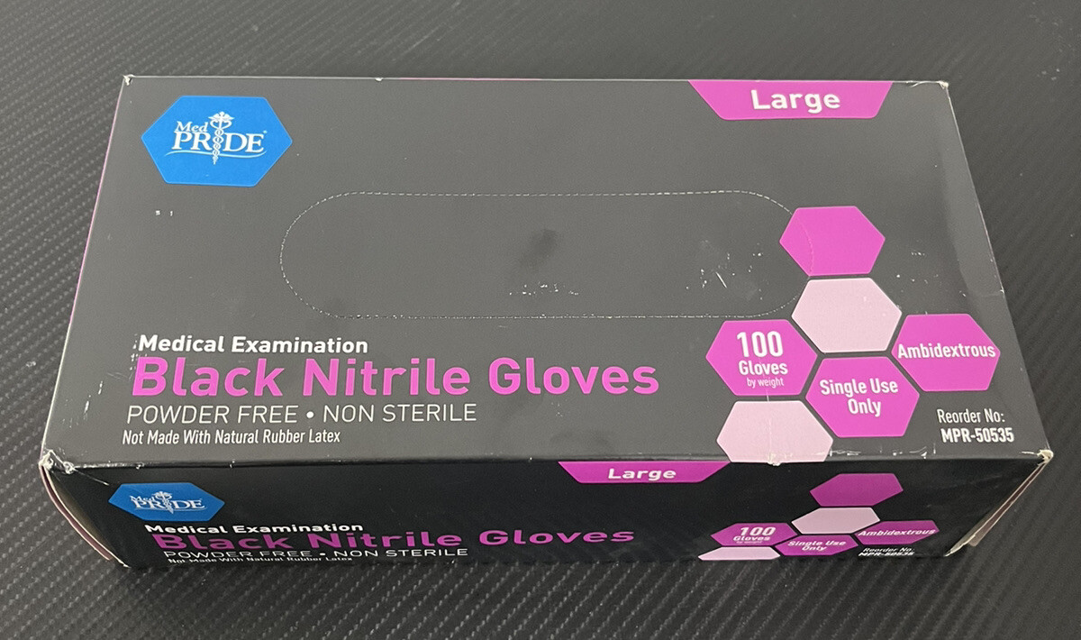Box Of 100 Genuine MedPride Powder Free Latex Free Black Nitrile Gloves, Large