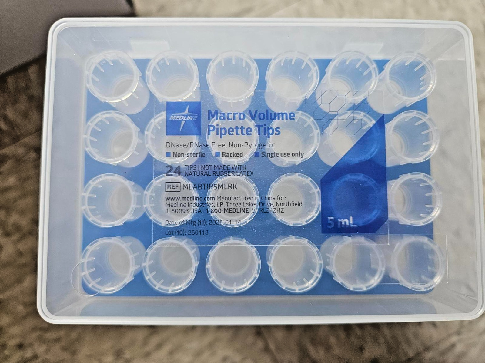 Unopened Medline 5mL Macro Volume Pipette Tips, 24 Tips/Rack, 10 Racks/Box