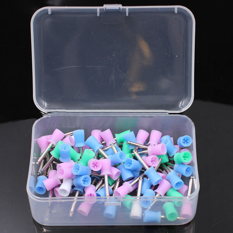 100pc/box Dental Polishing Cups Brush Prophy Nylon Metal Latch Flat Mixed Color