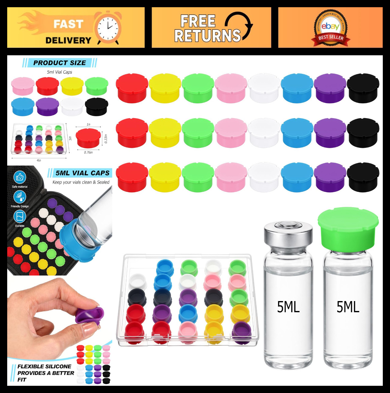 24 Pack 30ml Reusable Glass Vial Caps – Leakproof Silicone Flip Covers, 8 Colors
