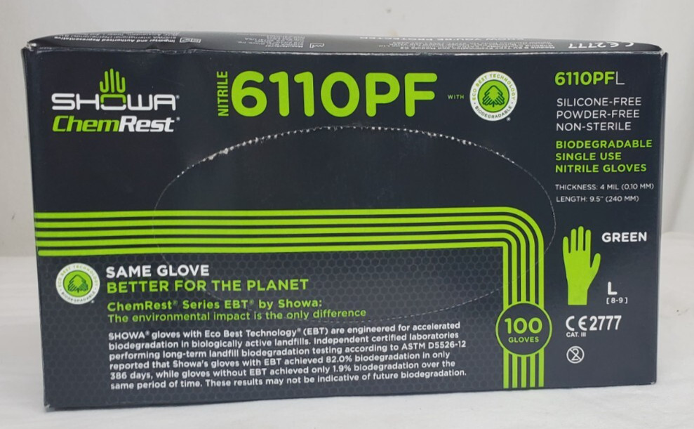 ChemRest SHOWA 6110PF Biodegradable GREEN NITRILE Gloves Sz L 100 ct Box