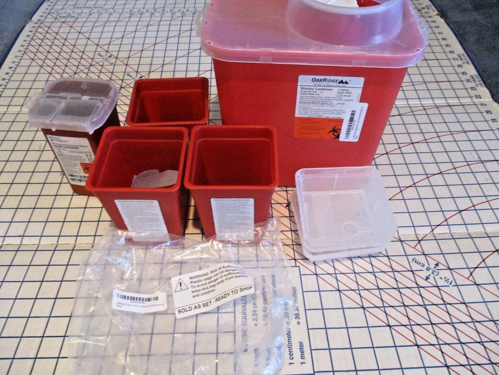 Lot 5 NEW Red Sharps Containers: 1 2-Gallon+ 4 1-Quart/Oakridge & Prevent Brands