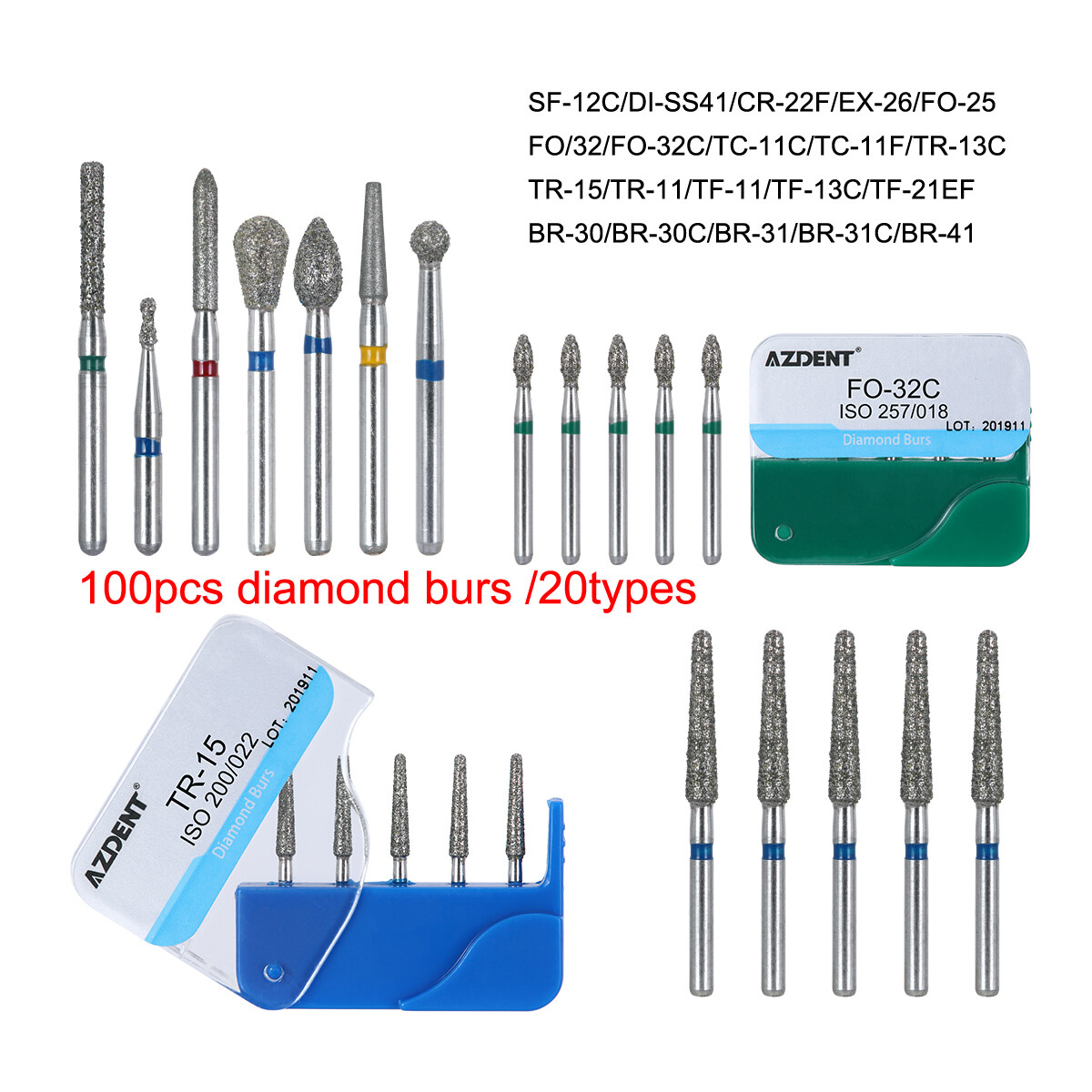 100pcs Dental Diamond Burs for High Speed Handpiece Medium FG 1.6mm AZDENT