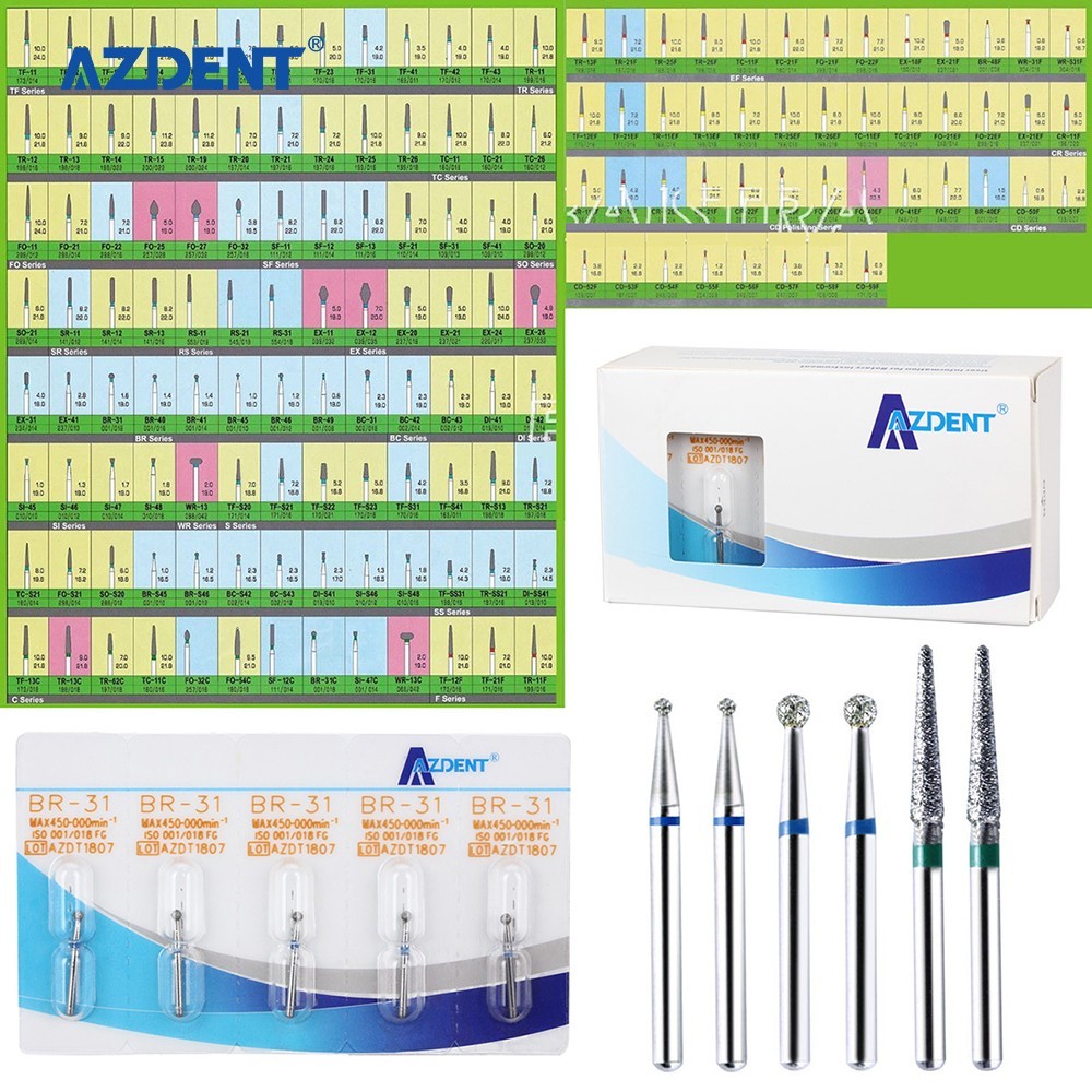 AZDENT Dental Diamond Burs FG For High Speed Handpiece Friction Grip 100 Models