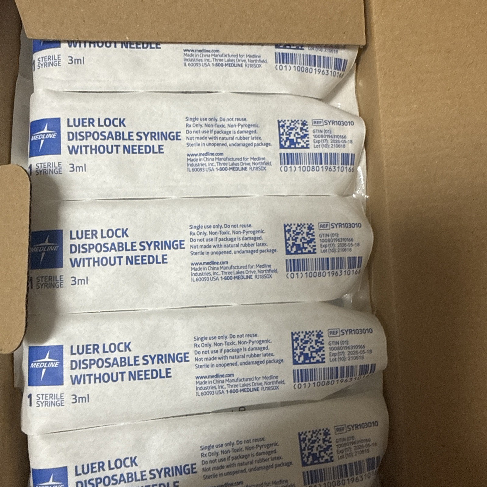 Medline 3mL Luer Lock Disposable Syringe No Needle Sterile Box of 800 SYR103010