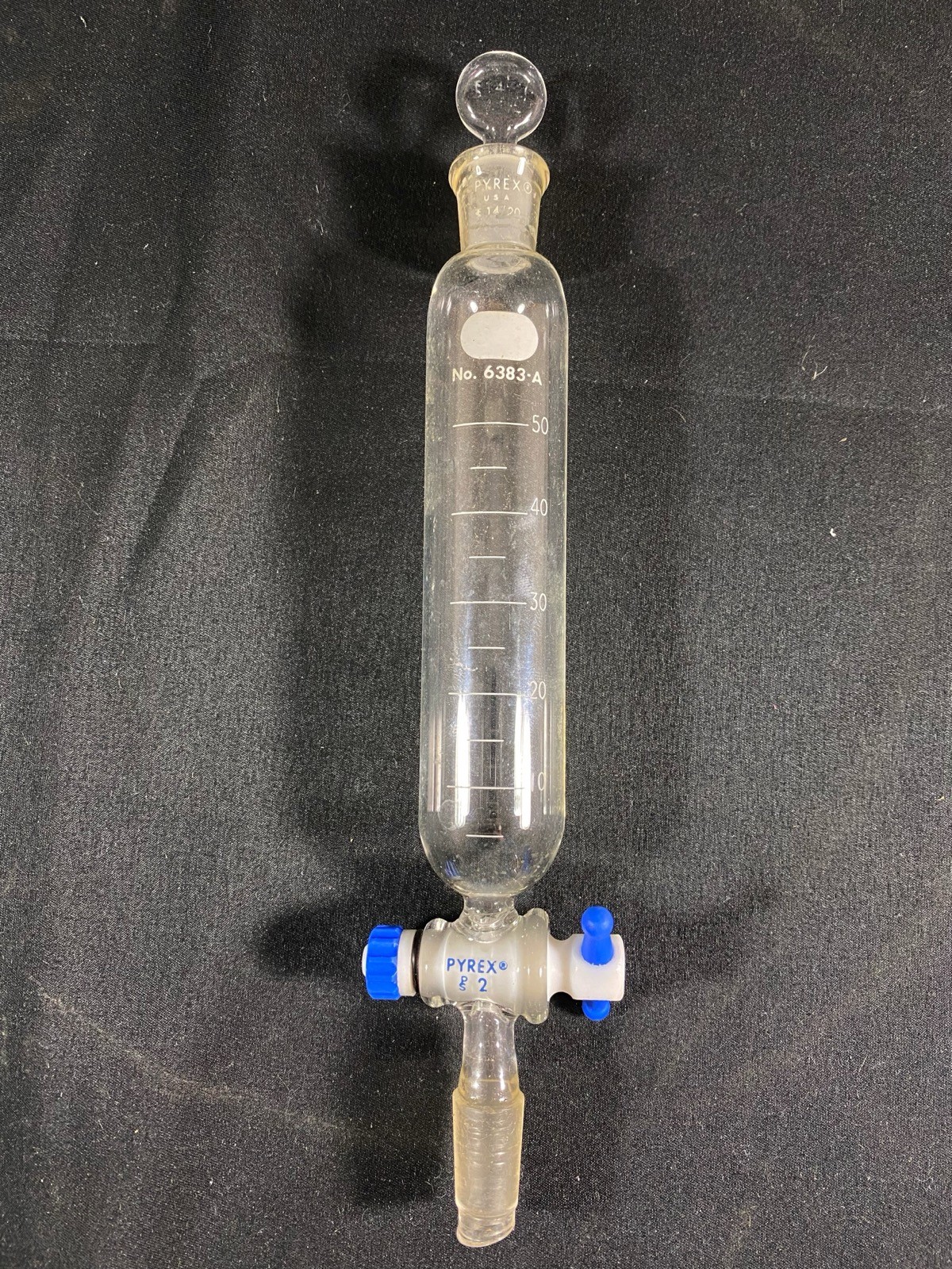 PYREX 50mL Cylindrical Separatory Funnel Stopcock #14/20 Stopper Neck 6383A-50