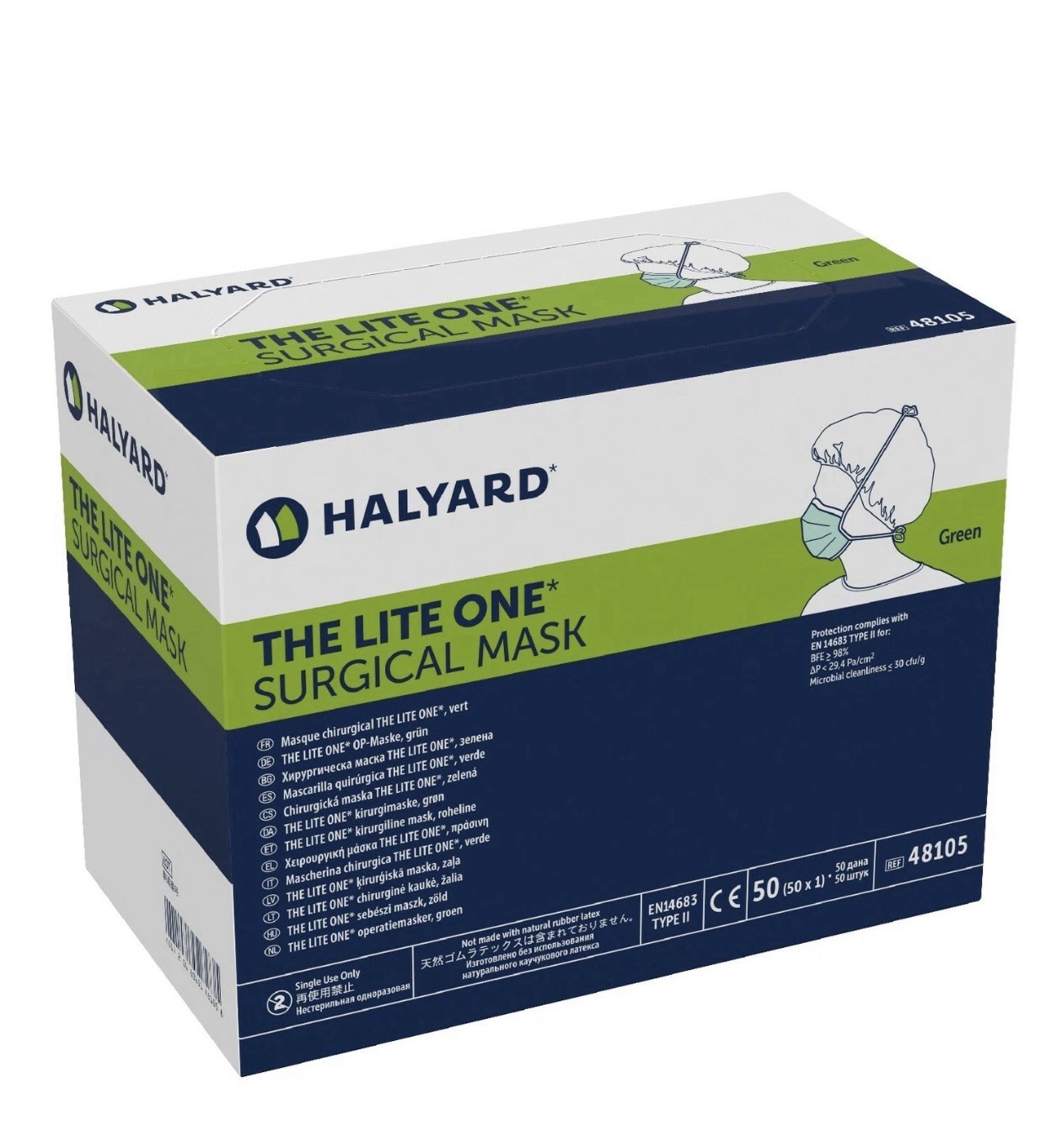*50-Pieces* Halyard The Lite One Surgical Face Mask Green 48105